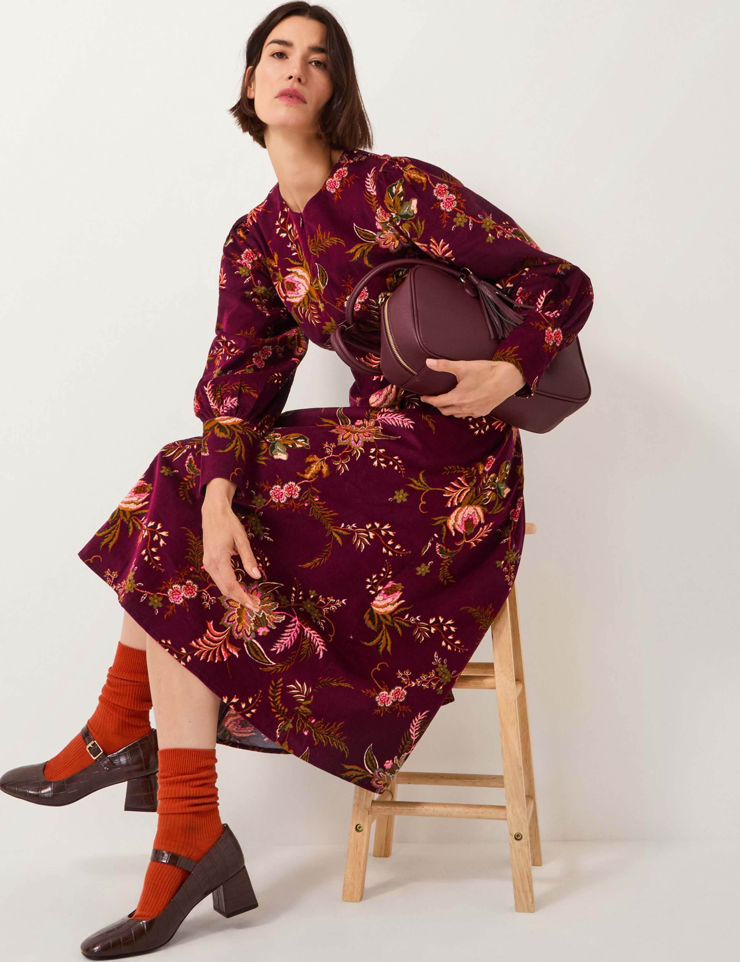 Corduroy Floral Zip Neck Midi Skater Dress 4 of 5