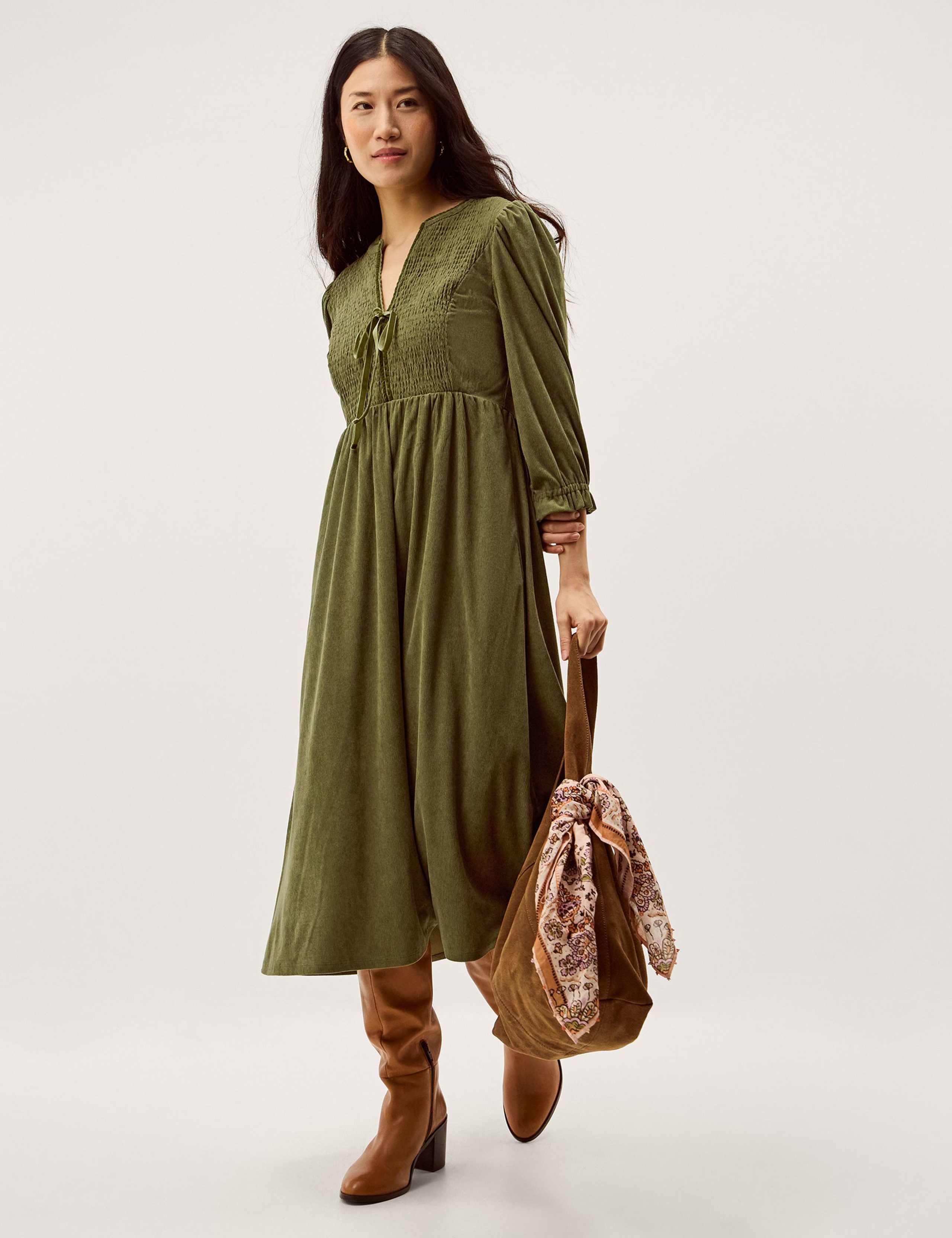 Cord Textured Notch Neck Midi Smock Dress 4 of 6
