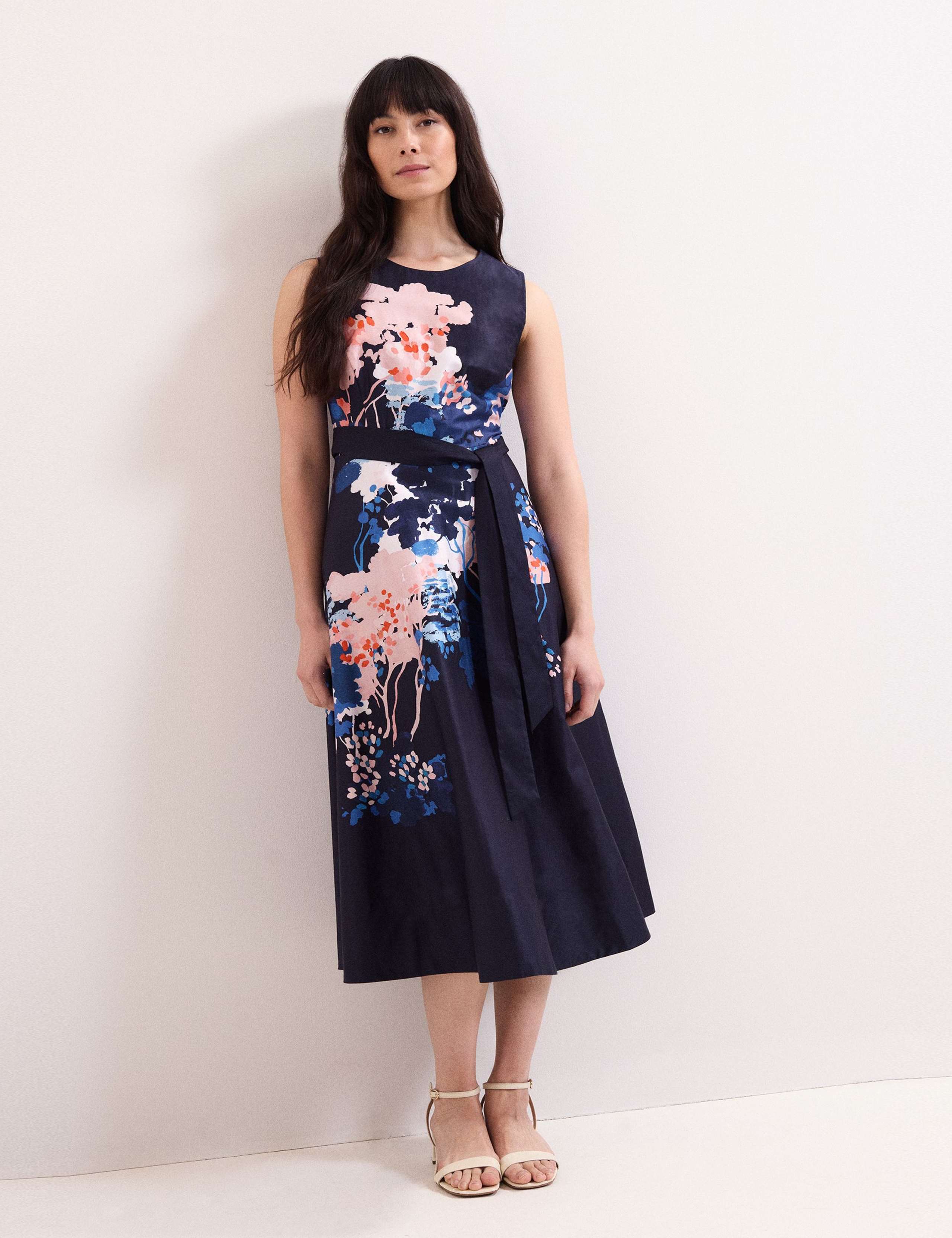 Pure Cotton Floral Belted Midi Skater Dress 1 of 8