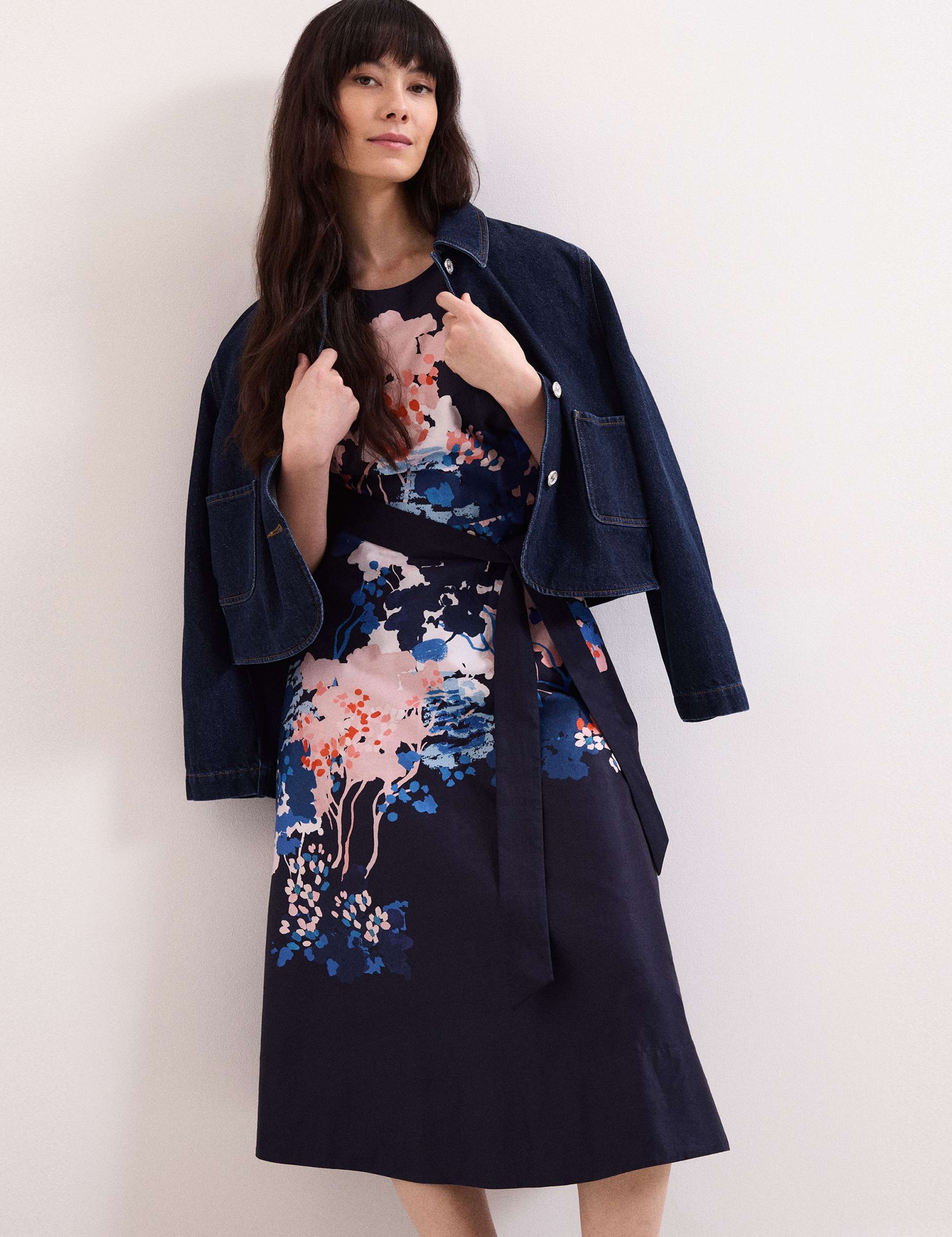 Pure Cotton Floral Belted Midi Skater Dress 5 of 8