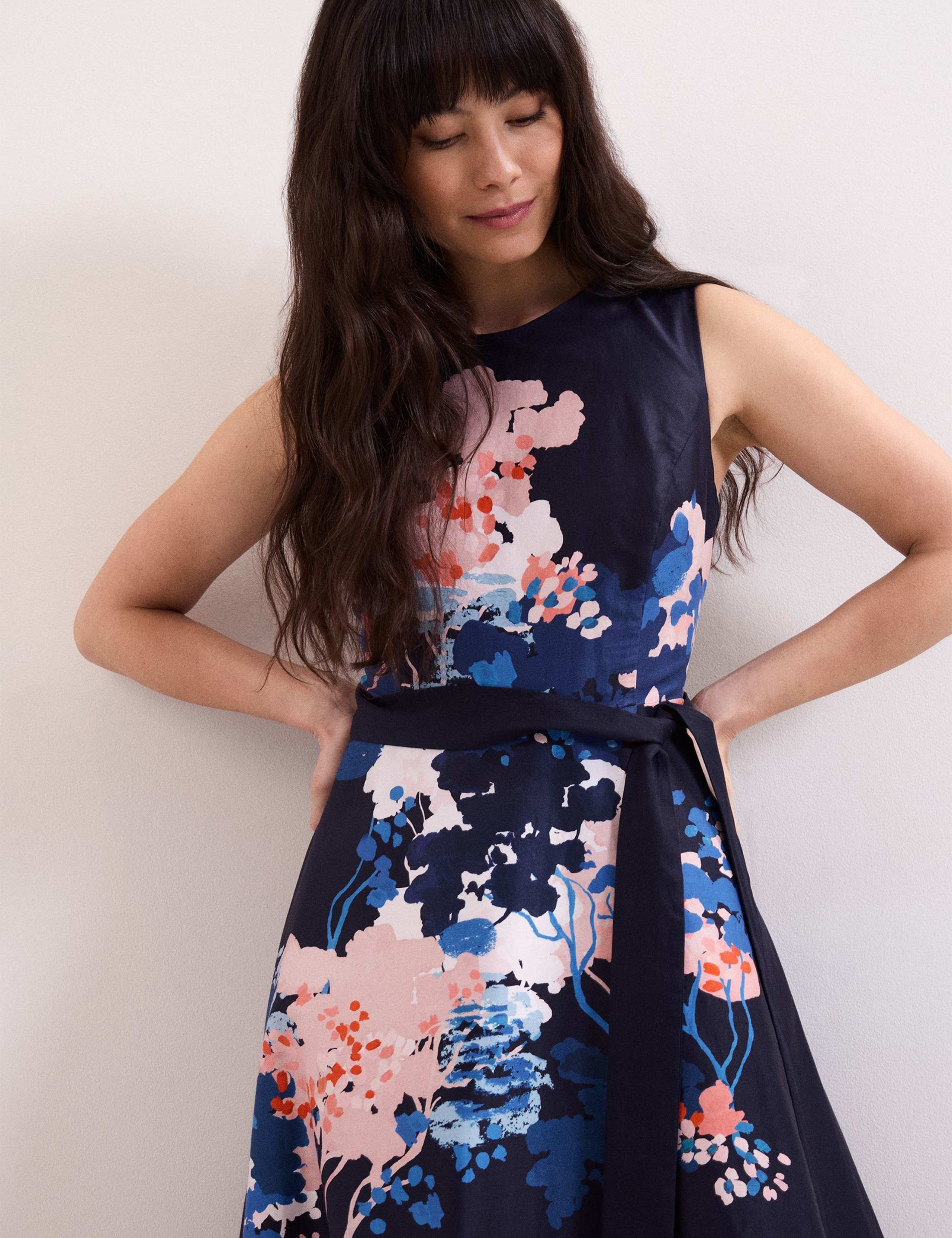 Pure Cotton Floral Belted Midi Skater Dress 6 of 8