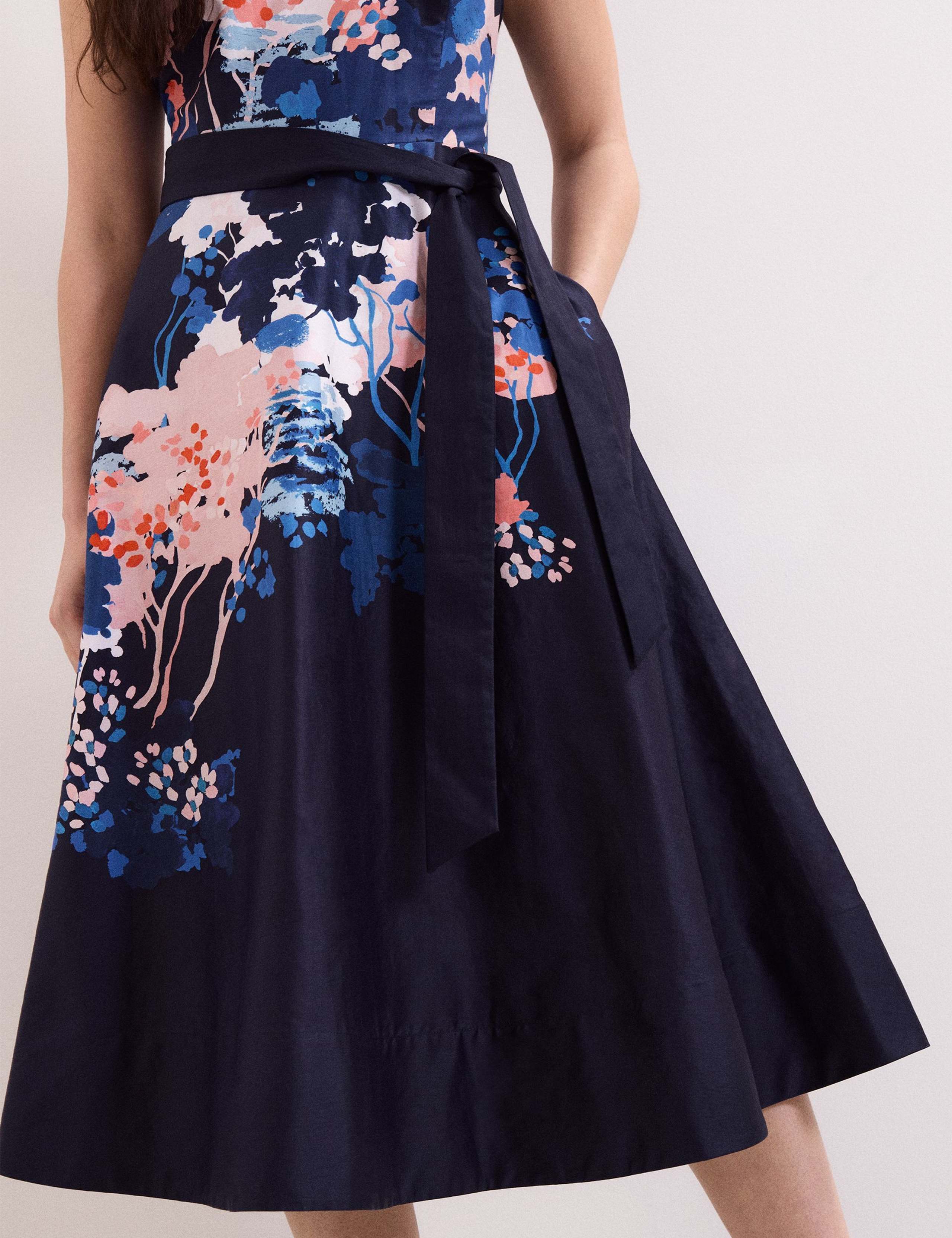 Pure Cotton Floral Belted Midi Skater Dress 7 of 8
