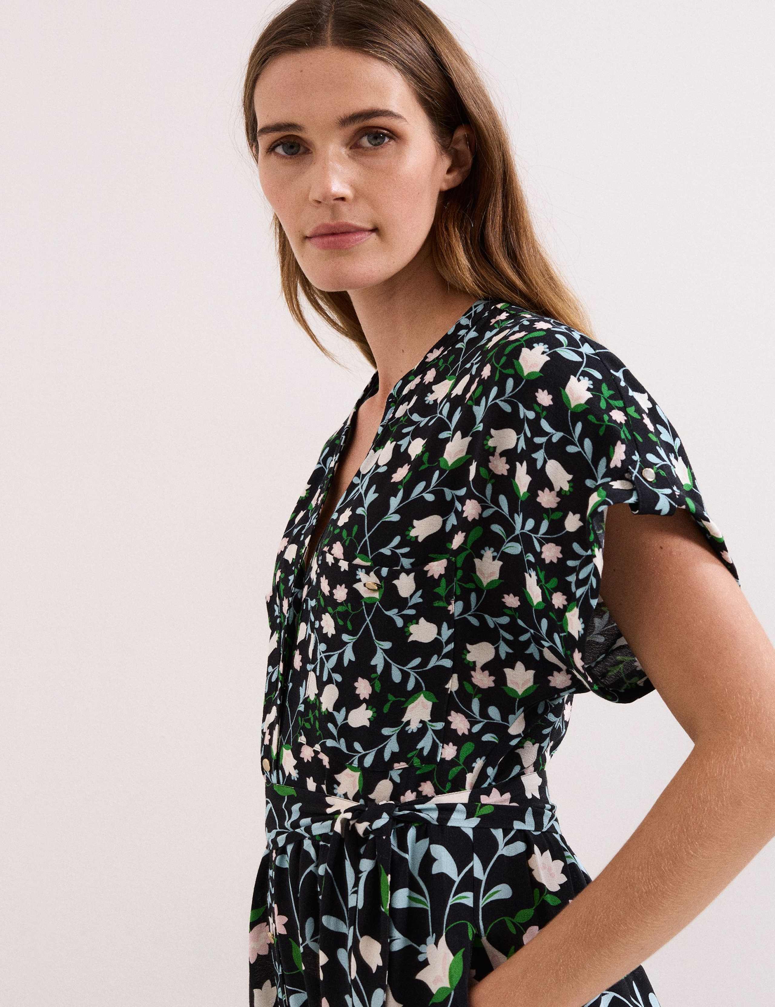 Linen Rich Floral V-Neck Midi Shirt Dress 3 of 8