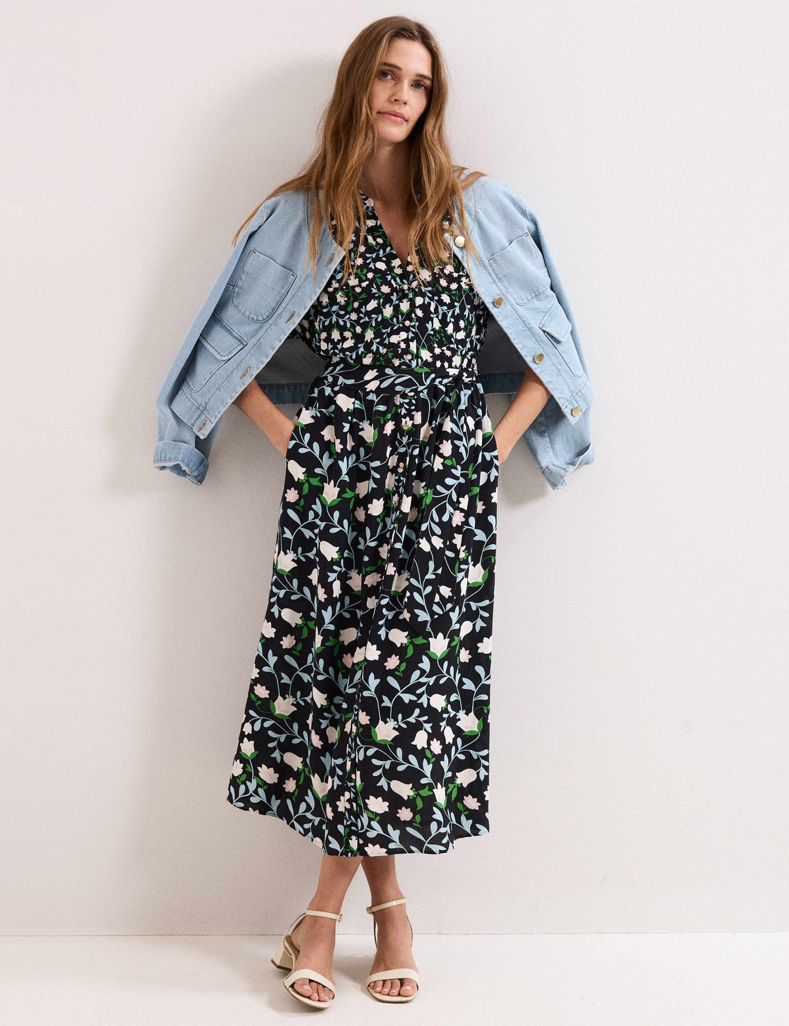 Linen Rich Floral V-Neck Midi Shirt Dress 7 of 8