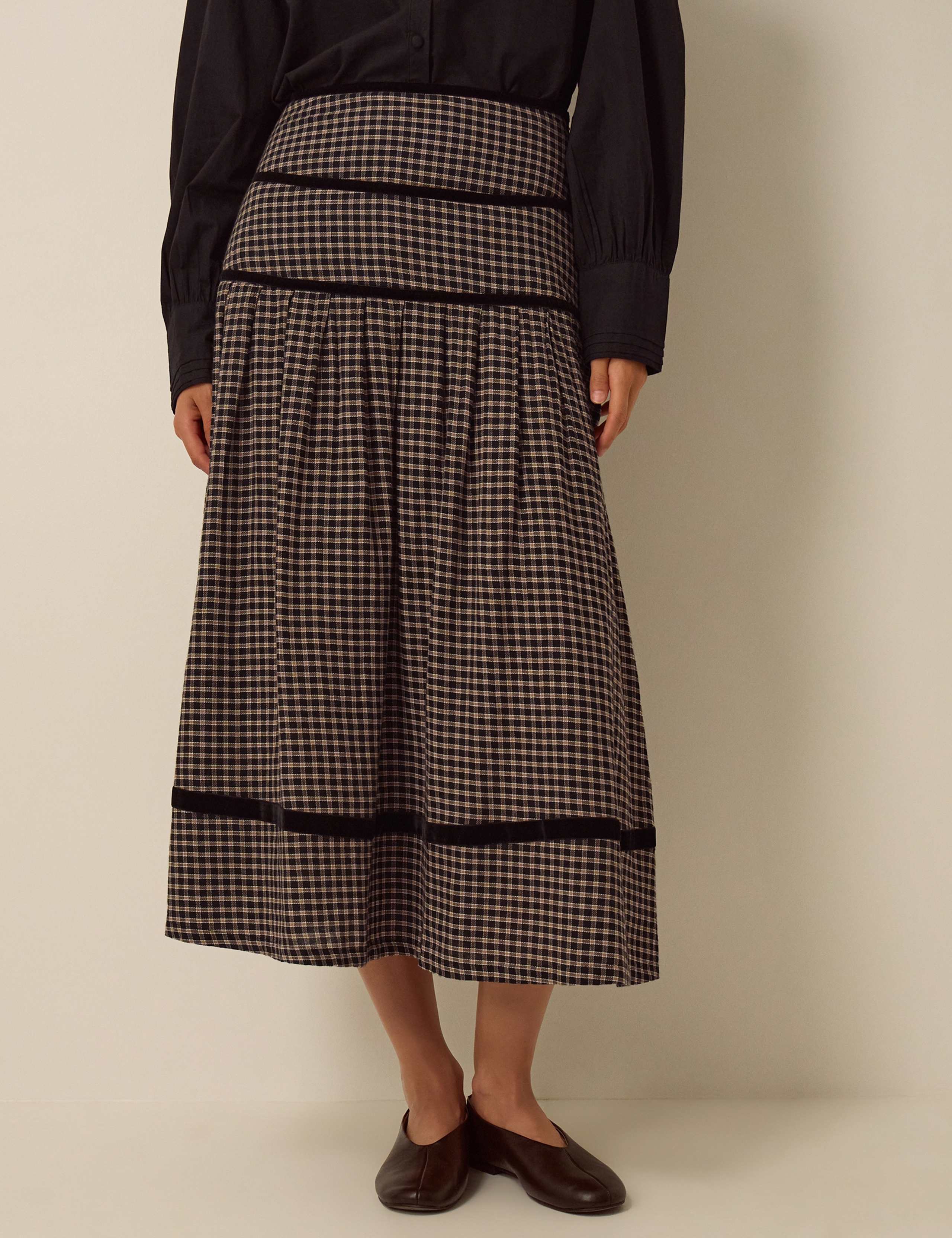 Pure Cotton Checked Tiered Midi Skirt 1 of 5