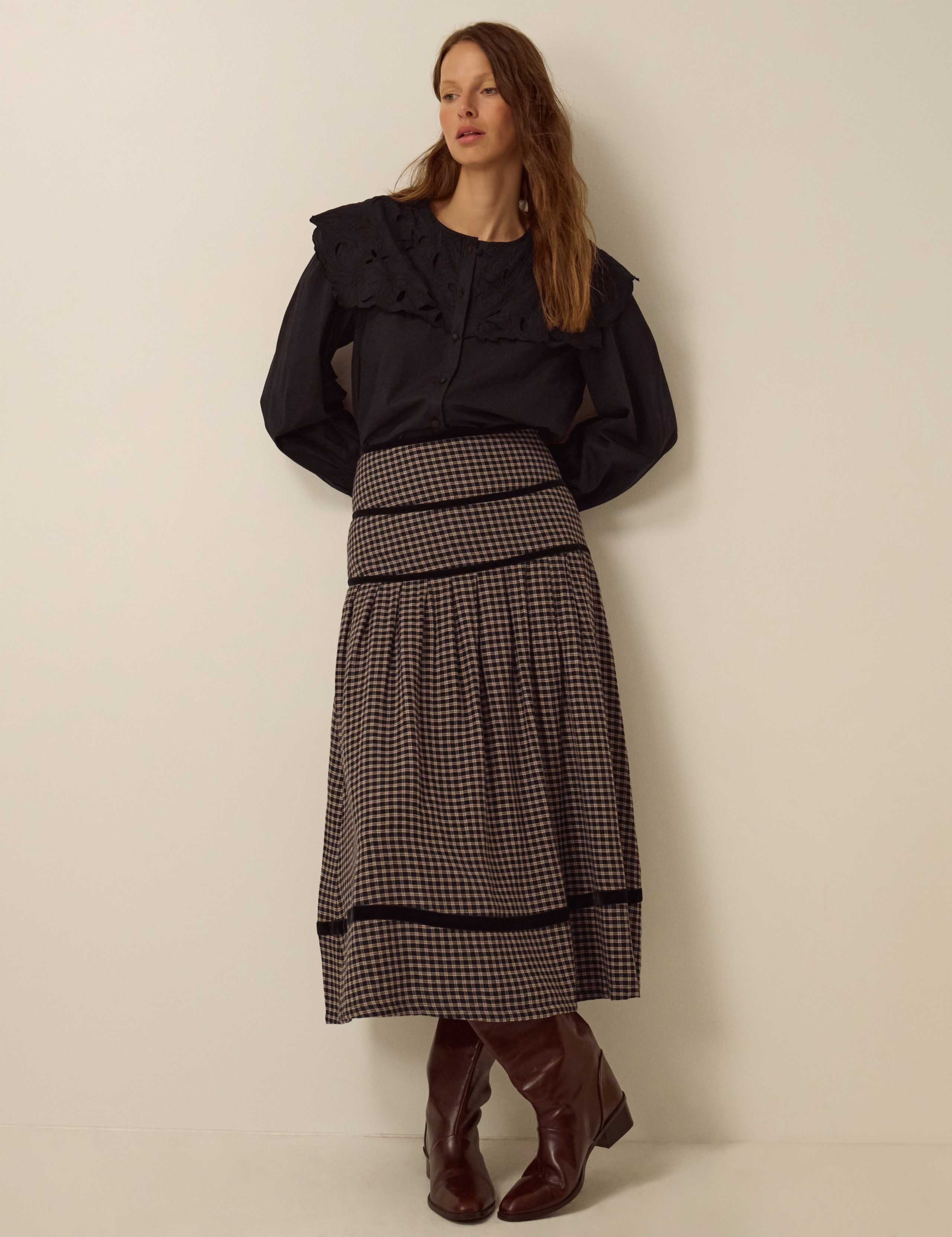 Pure Cotton Checked Tiered Midi Skirt 2 of 5