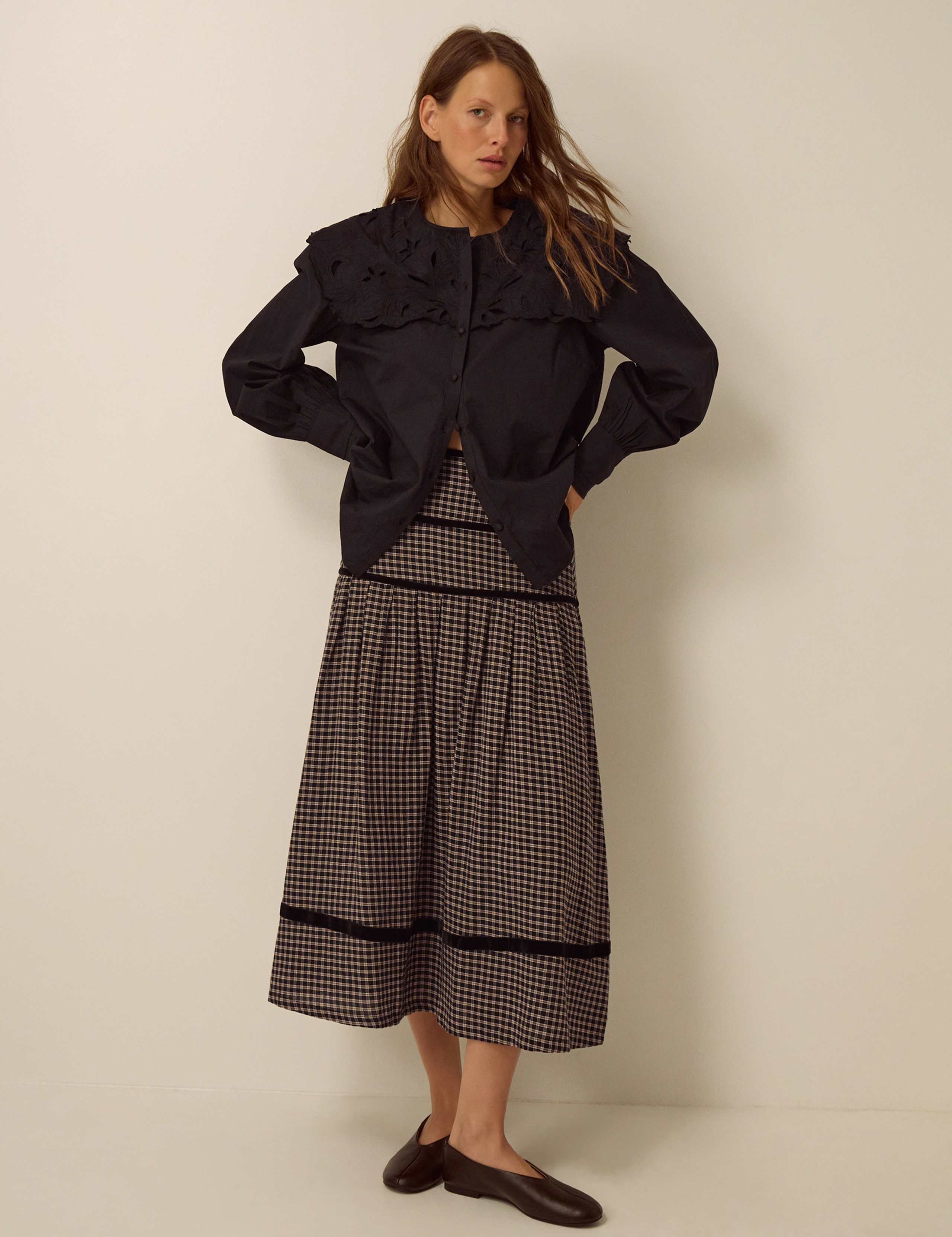 Pure Cotton Checked Tiered Midi Skirt 3 of 5