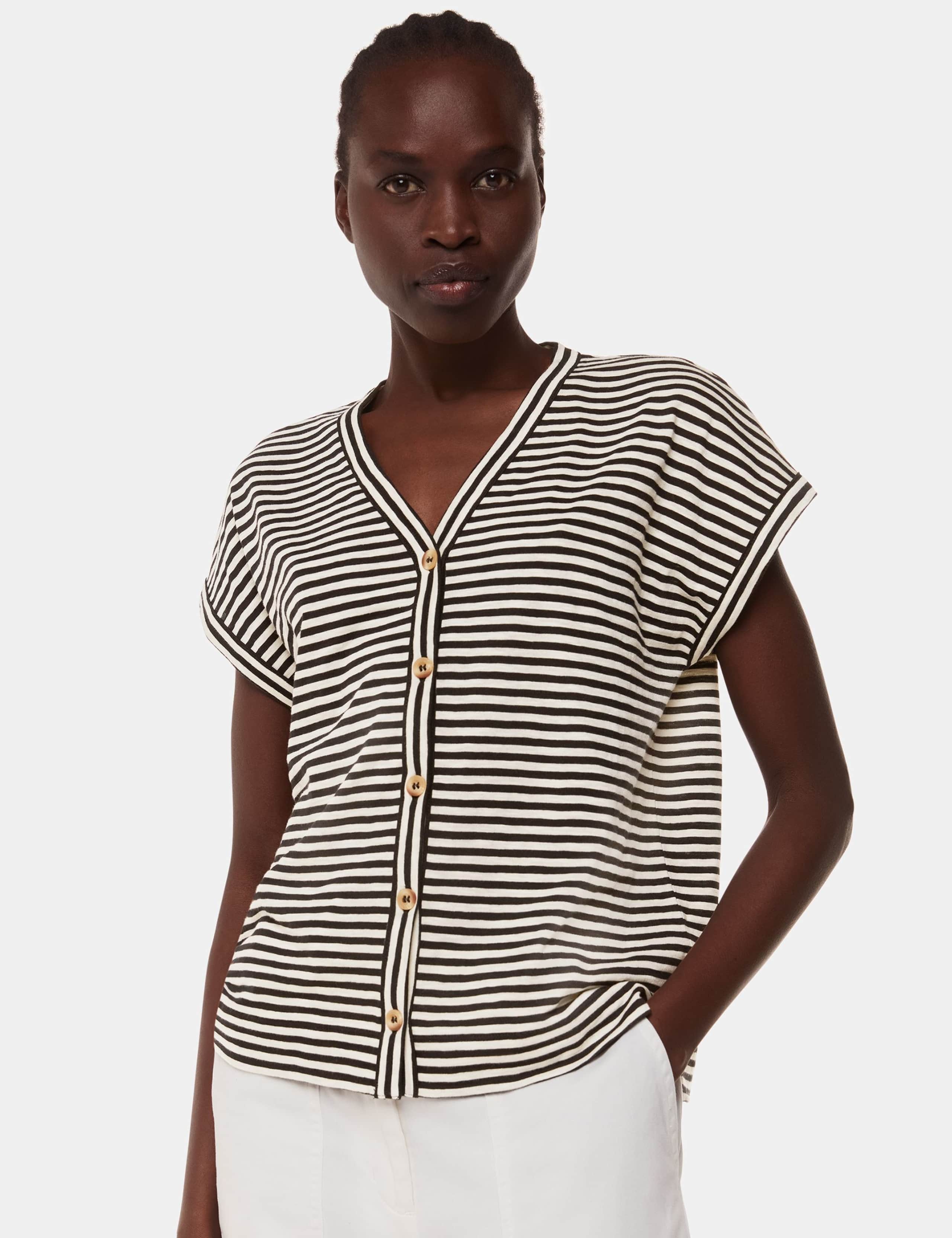 Pure Cotton Striped V-Neck Button Through Top 1 of 4