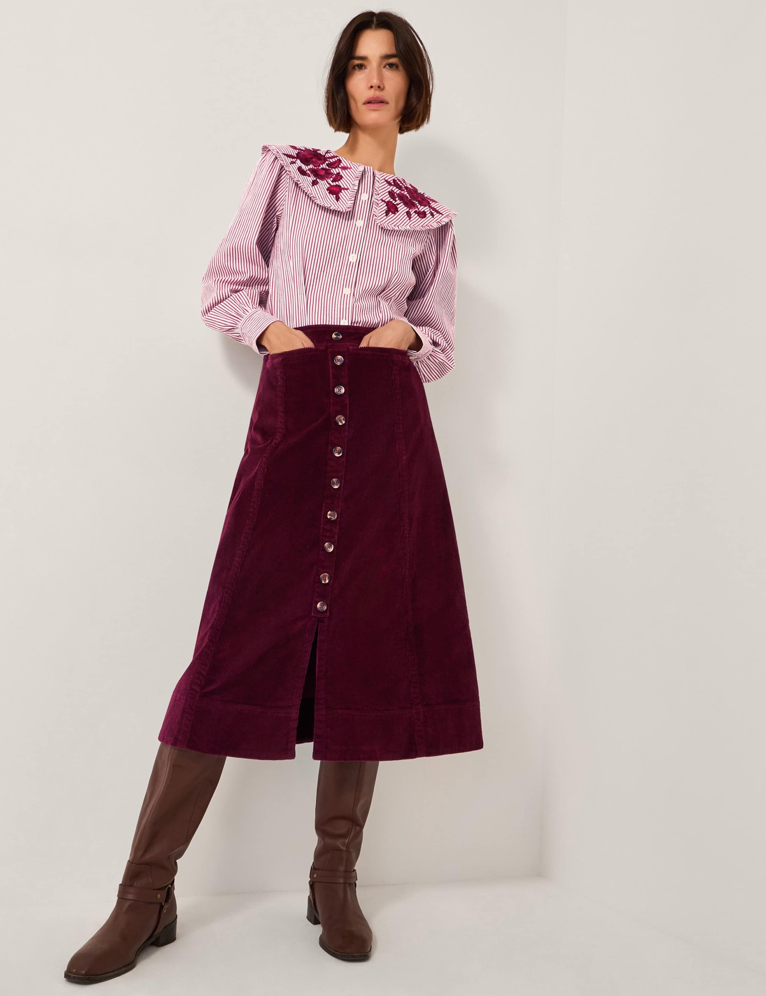 Cord Button Front Midi A-Line Skirt 2 of 4
