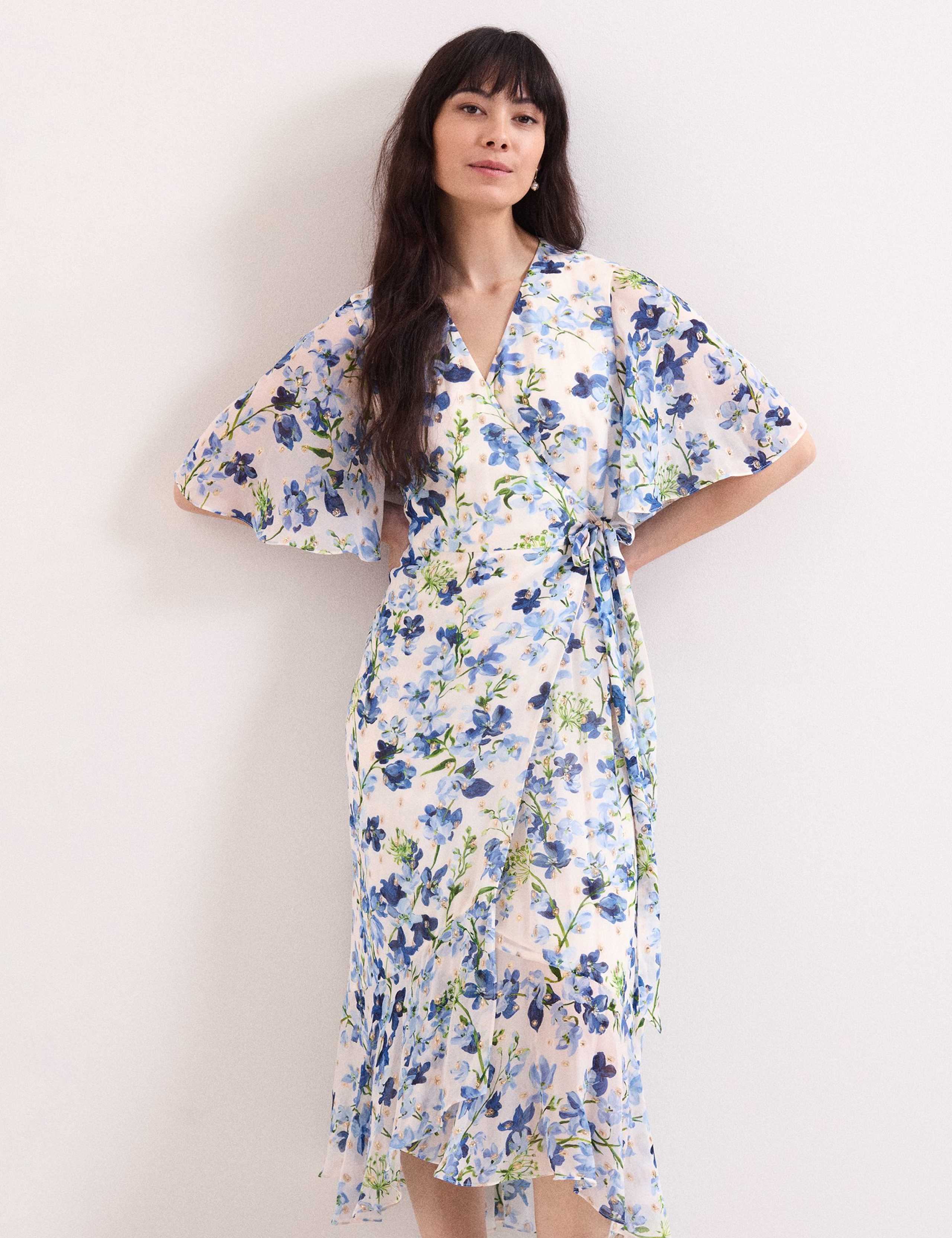 Chiffon Floral V-Neck Midi Wrap Dress 1 of 7