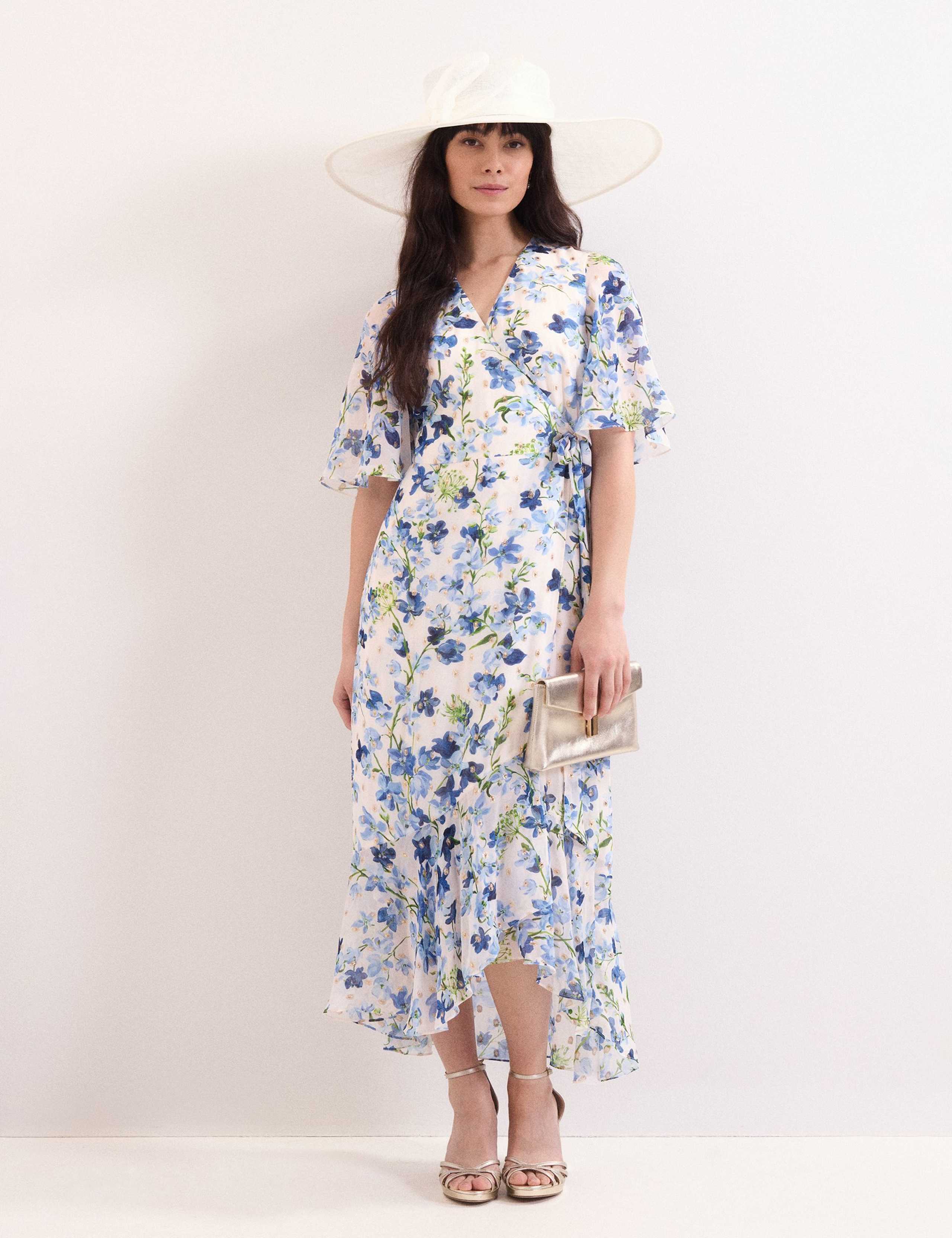 Chiffon Floral V-Neck Midi Wrap Dress 3 of 7