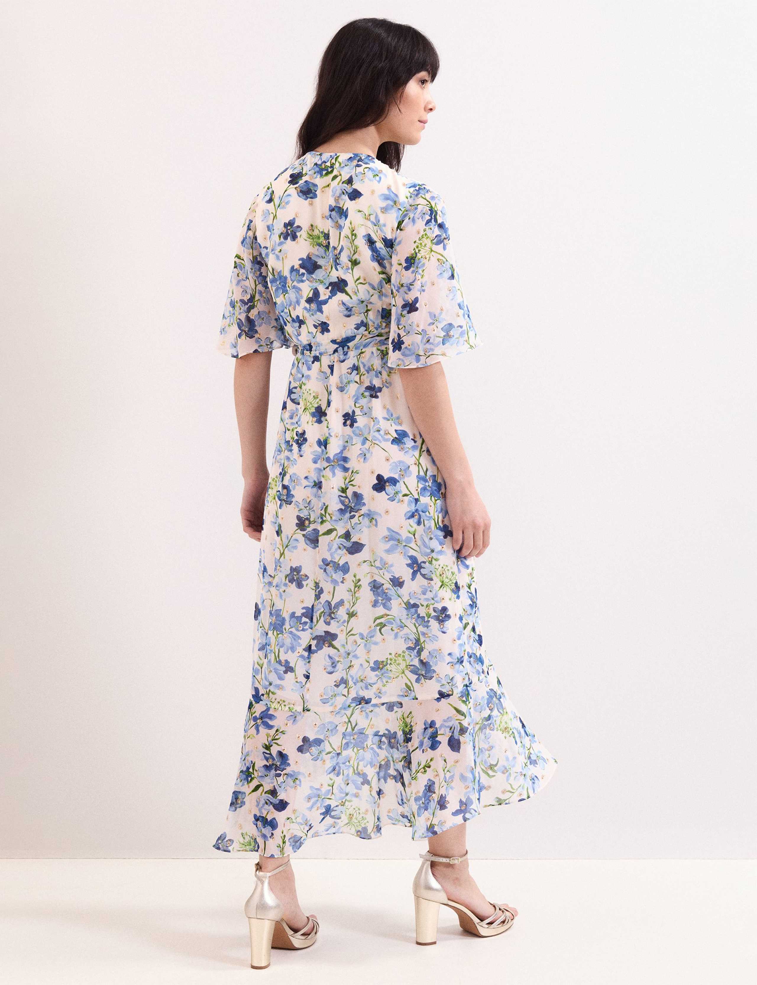 Chiffon Floral V-Neck Midi Wrap Dress 5 of 7