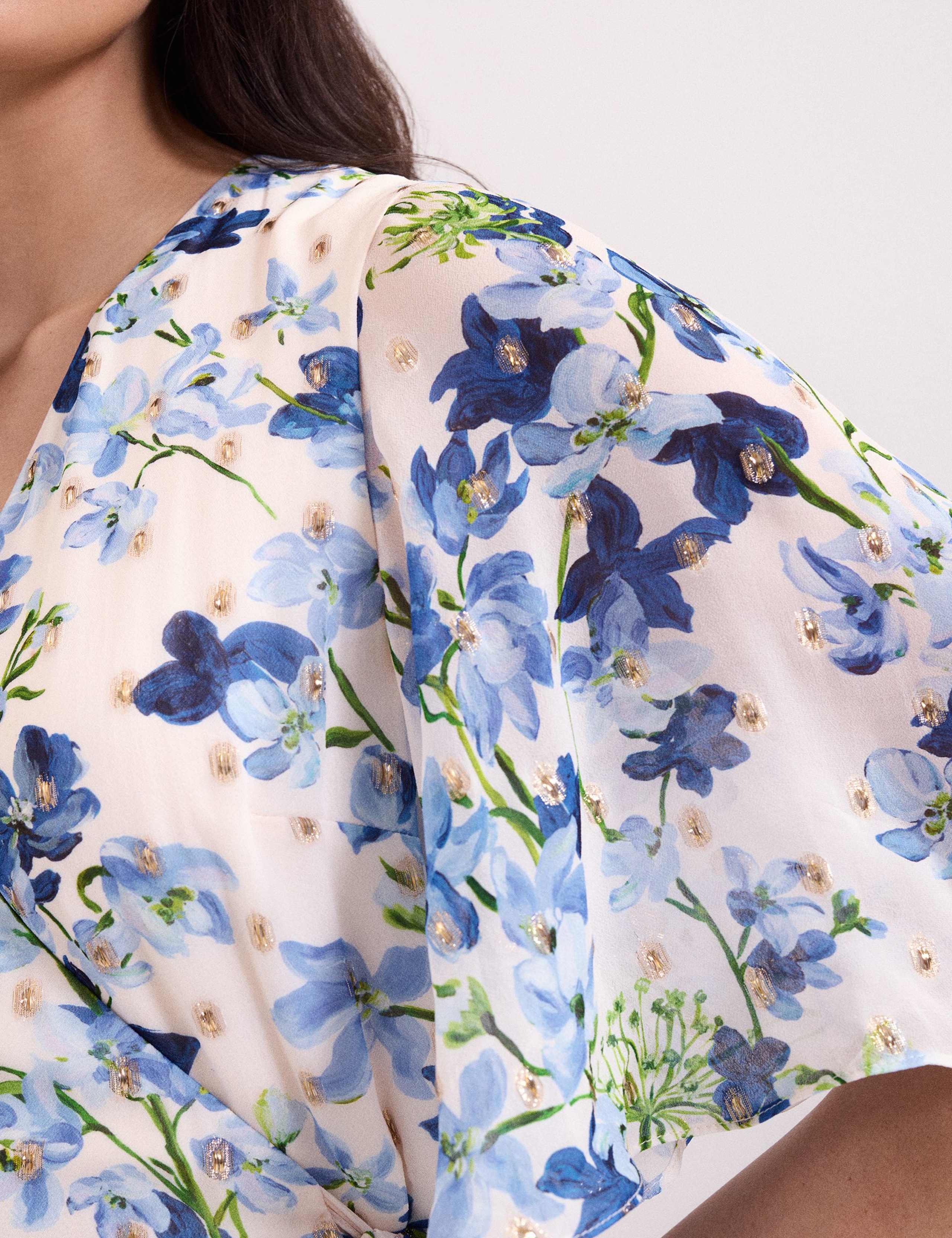 Chiffon Floral V-Neck Midi Wrap Dress 7 of 7