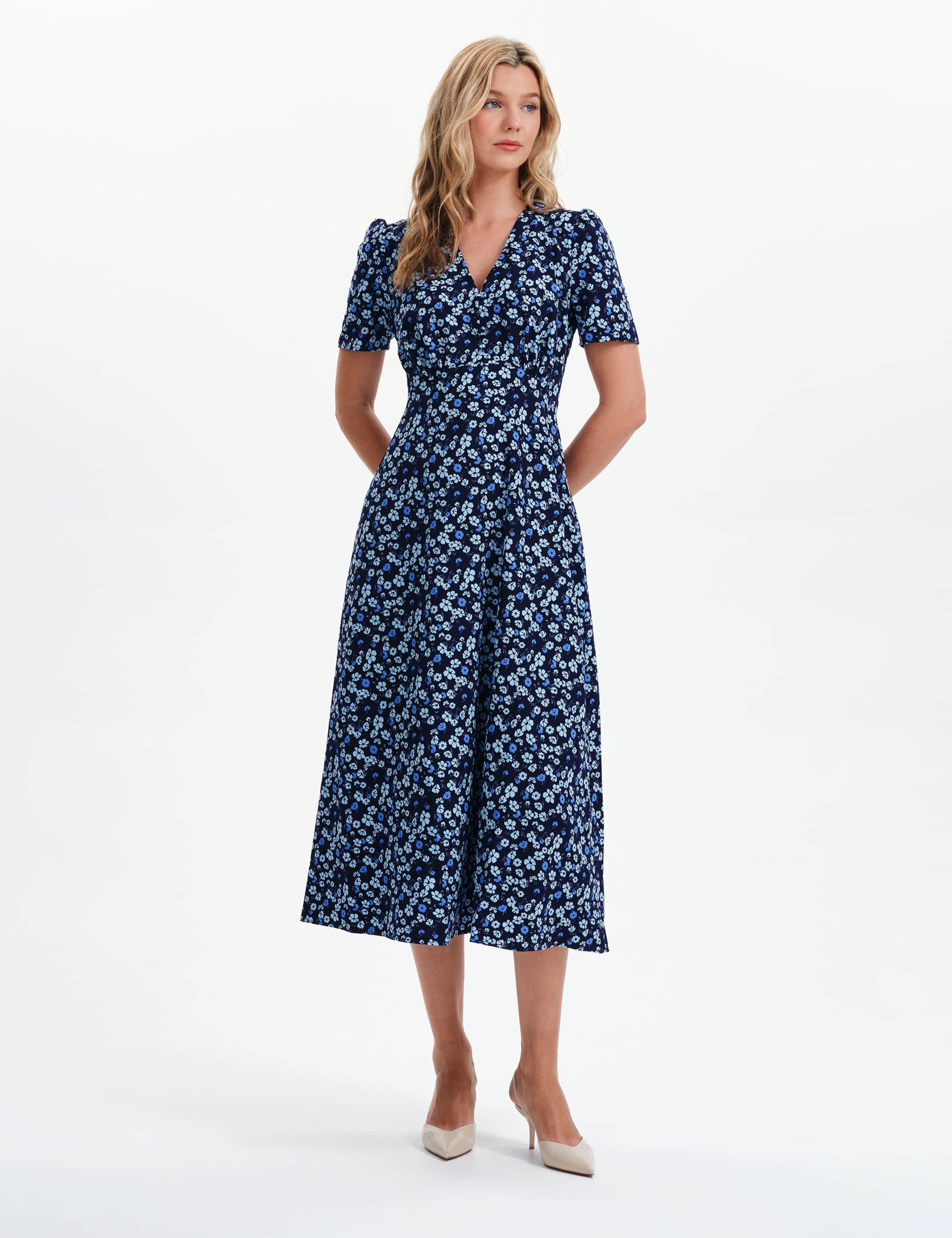 Floral V-Neck Midi Waisted Dress 6 of 8