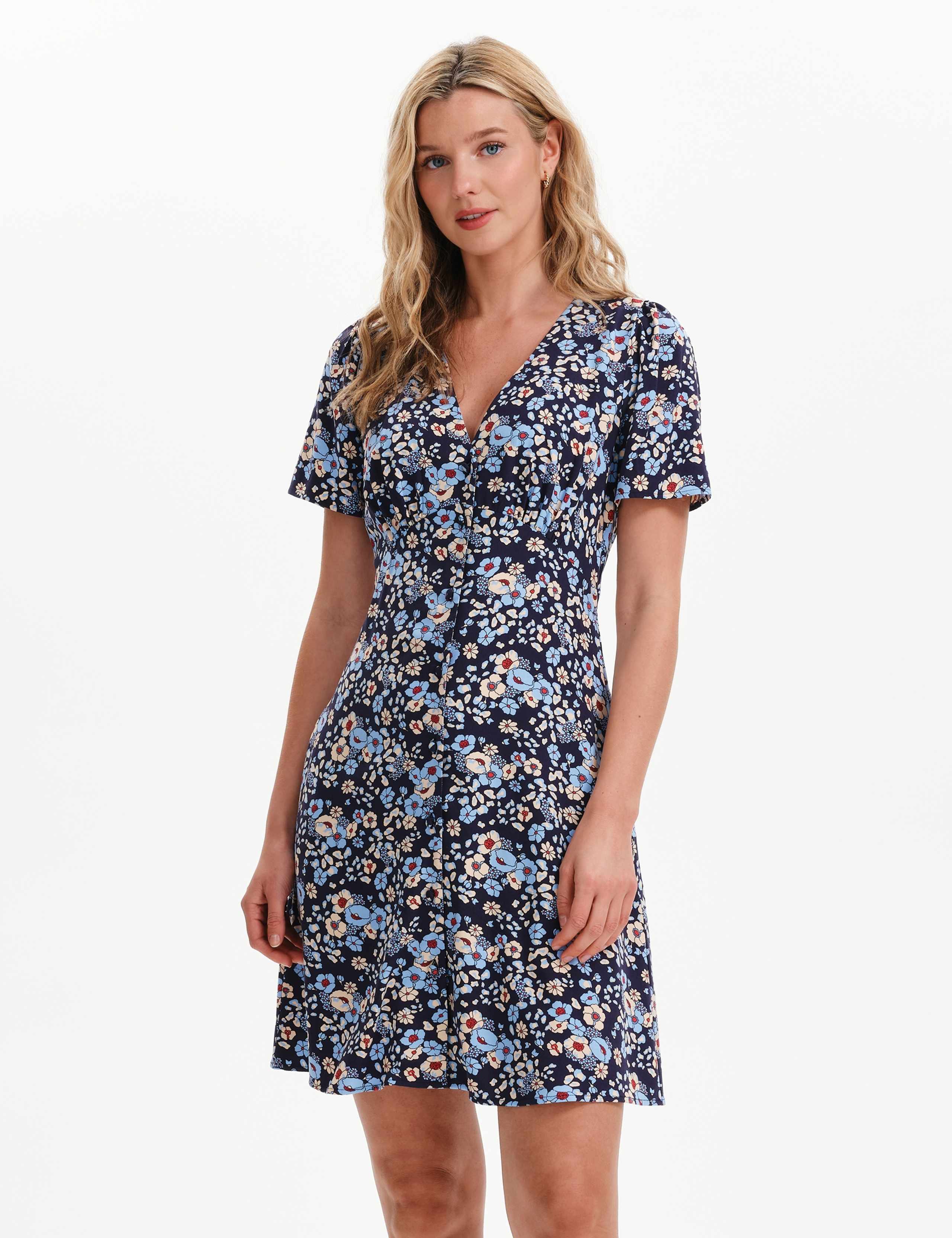 Floral V-Neck Empire Line Mini Waisted Dress 3 of 5