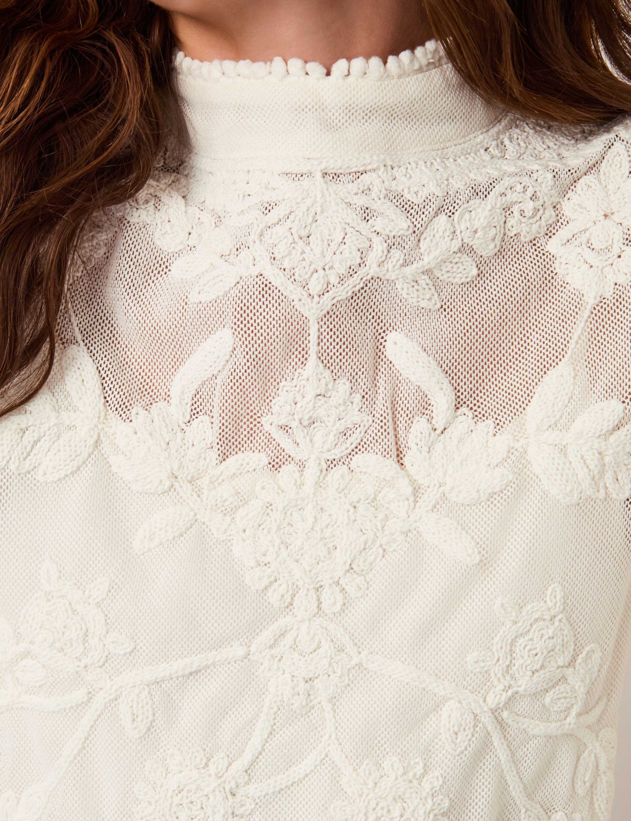 Pure Cotton Embroidered Lace High Neck Top 2 of 4