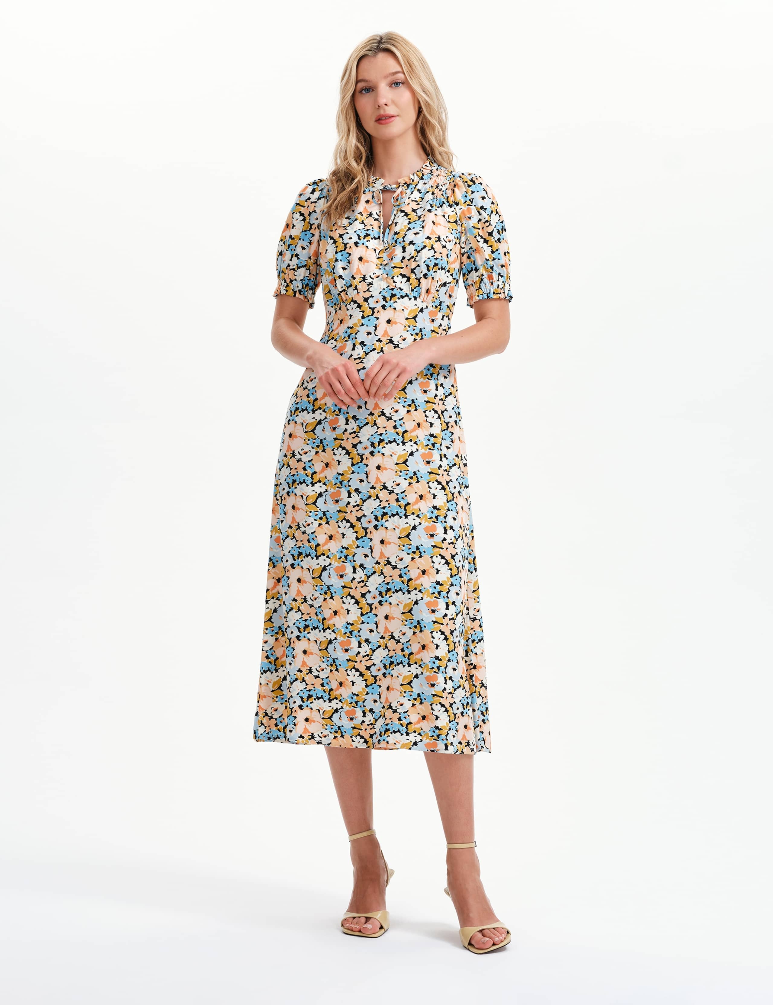 Floral Tie Neck Midi Wasited Dress 2 of 10