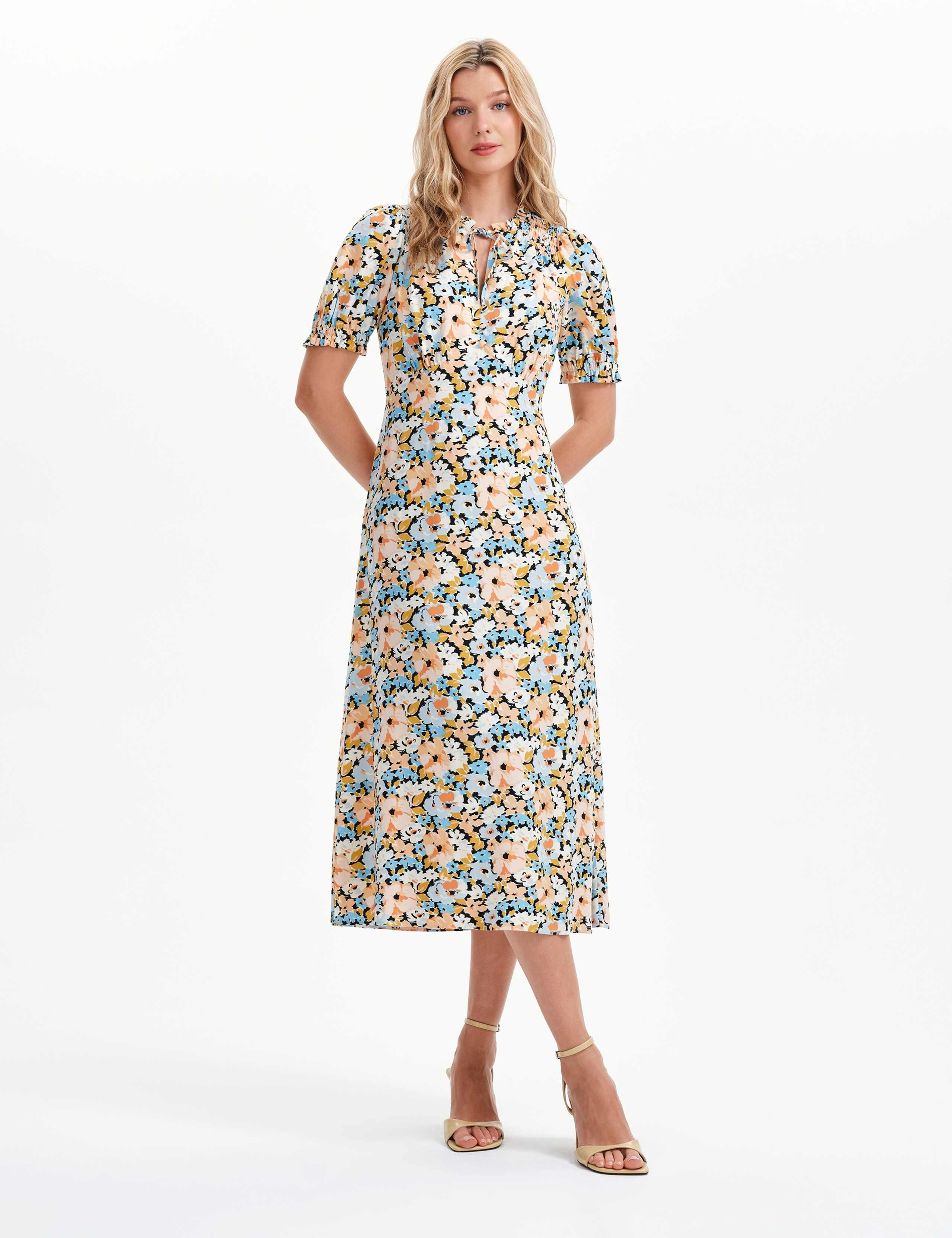 Floral Tie Neck Midi Wasited Dress 6 of 10
