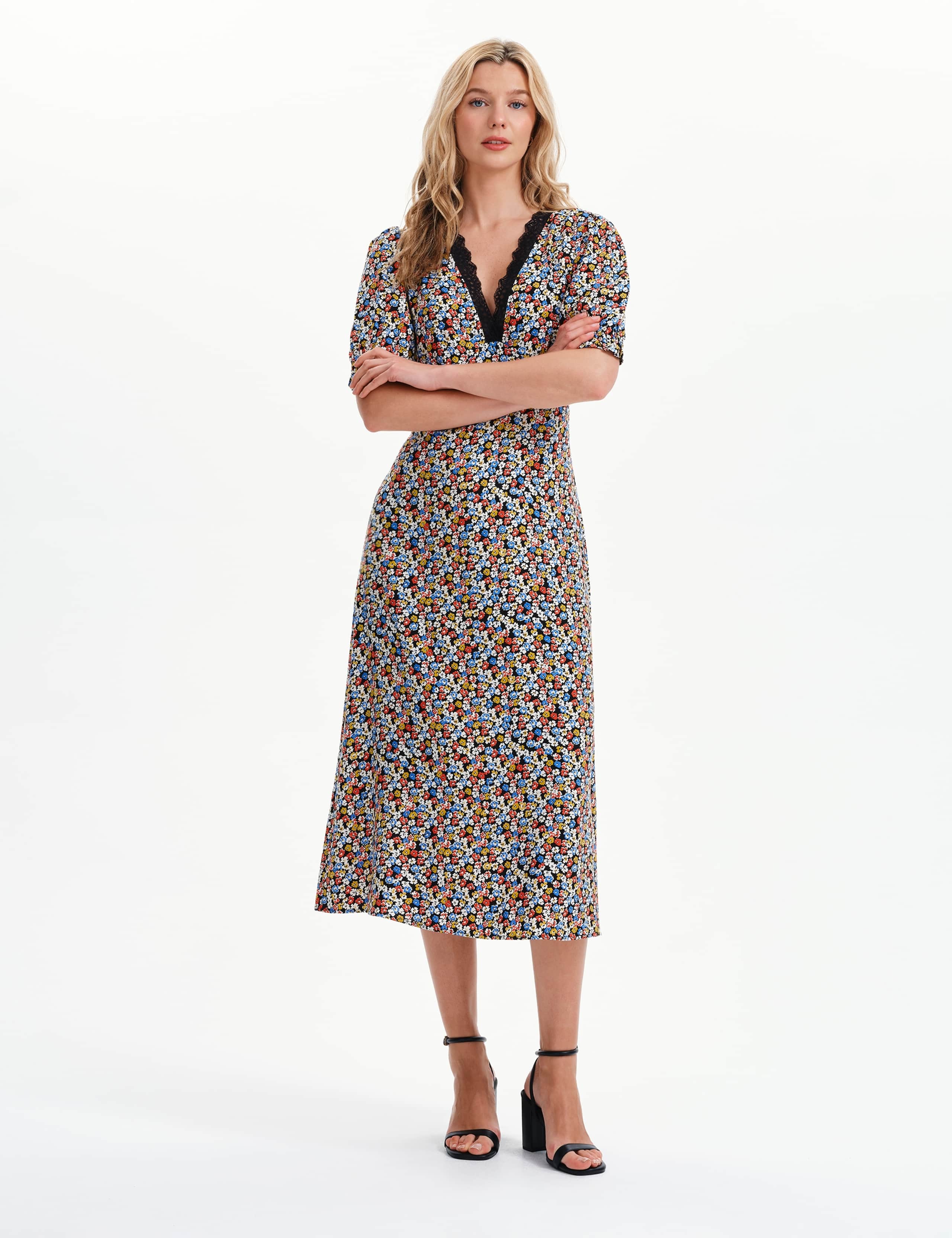 Floral Lace Trim Midi Waisted Dress 2 of 7