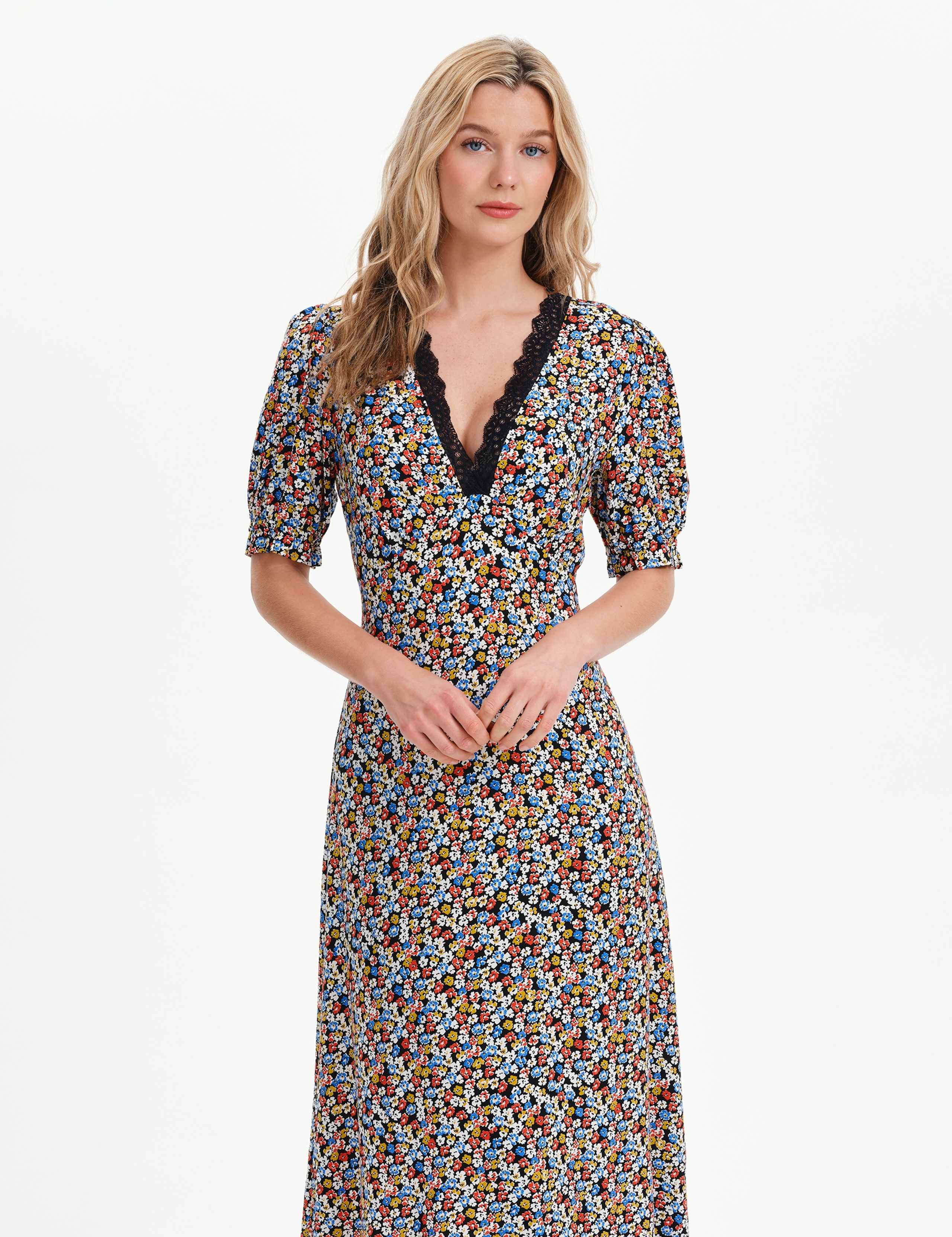 Floral Lace Trim Midi Waisted Dress 4 of 7