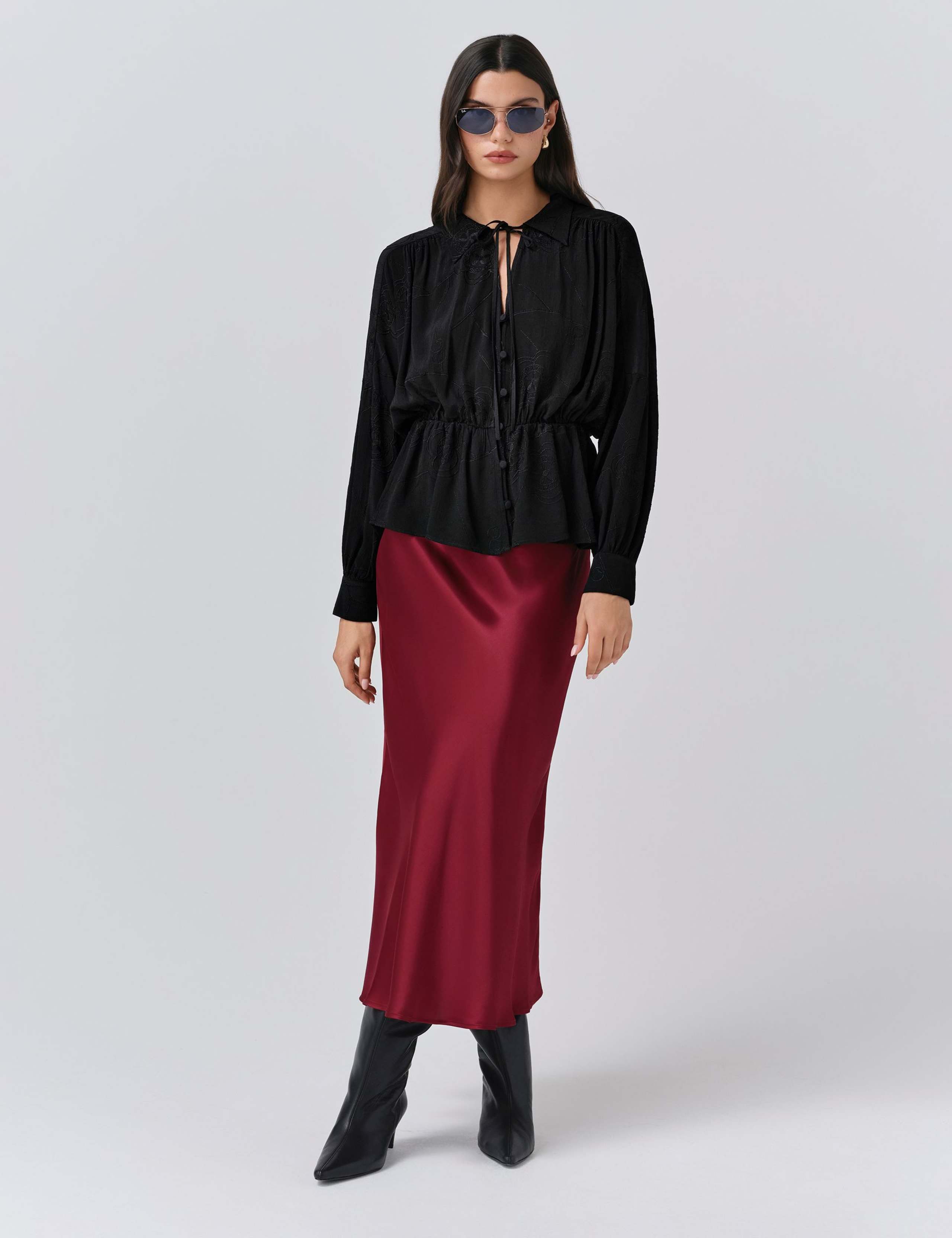 Crepe Embroidered Tie Neck Blouson Sleeve Blouse 2 of 5