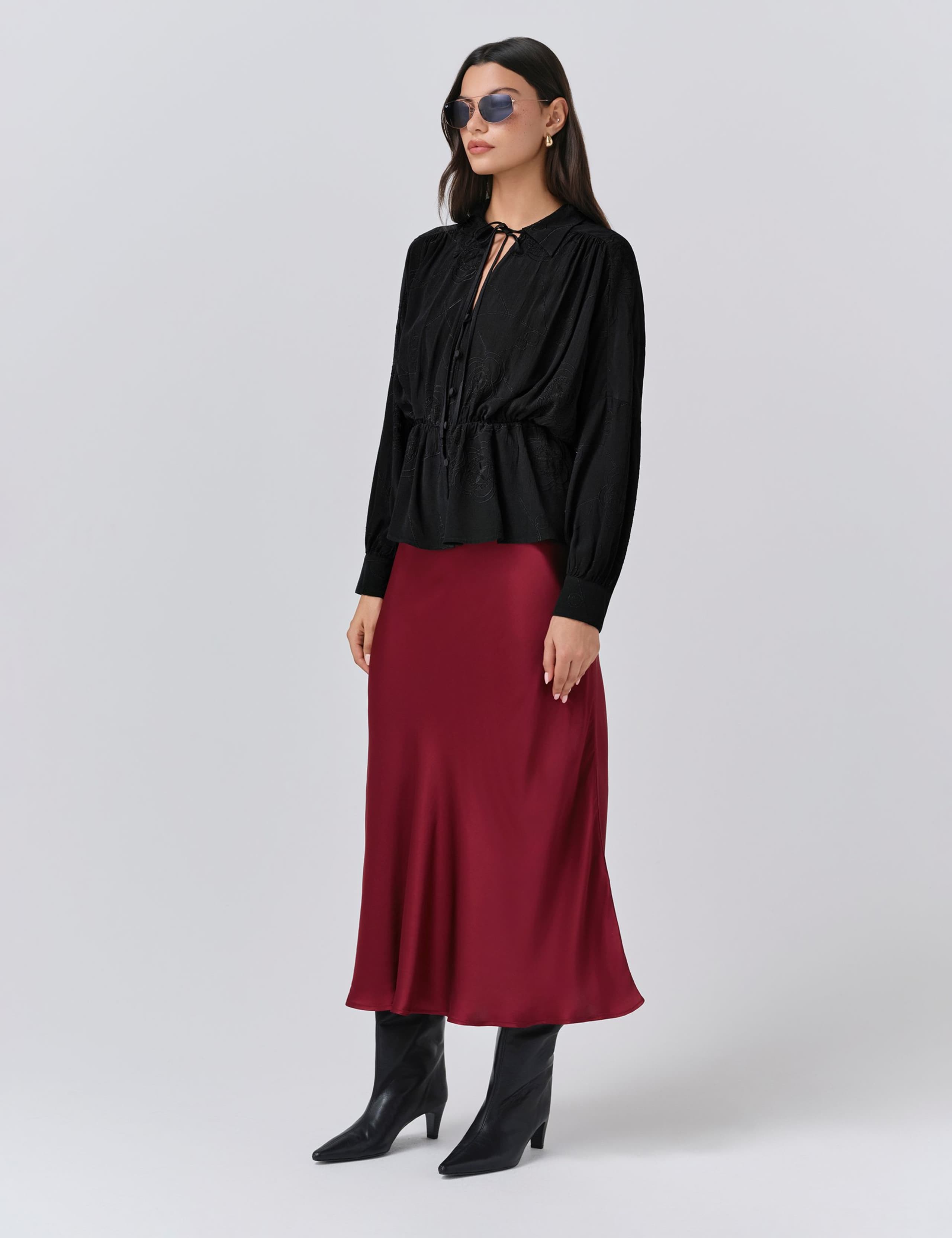 Crepe Embroidered Tie Neck Blouson Sleeve Blouse 3 of 5