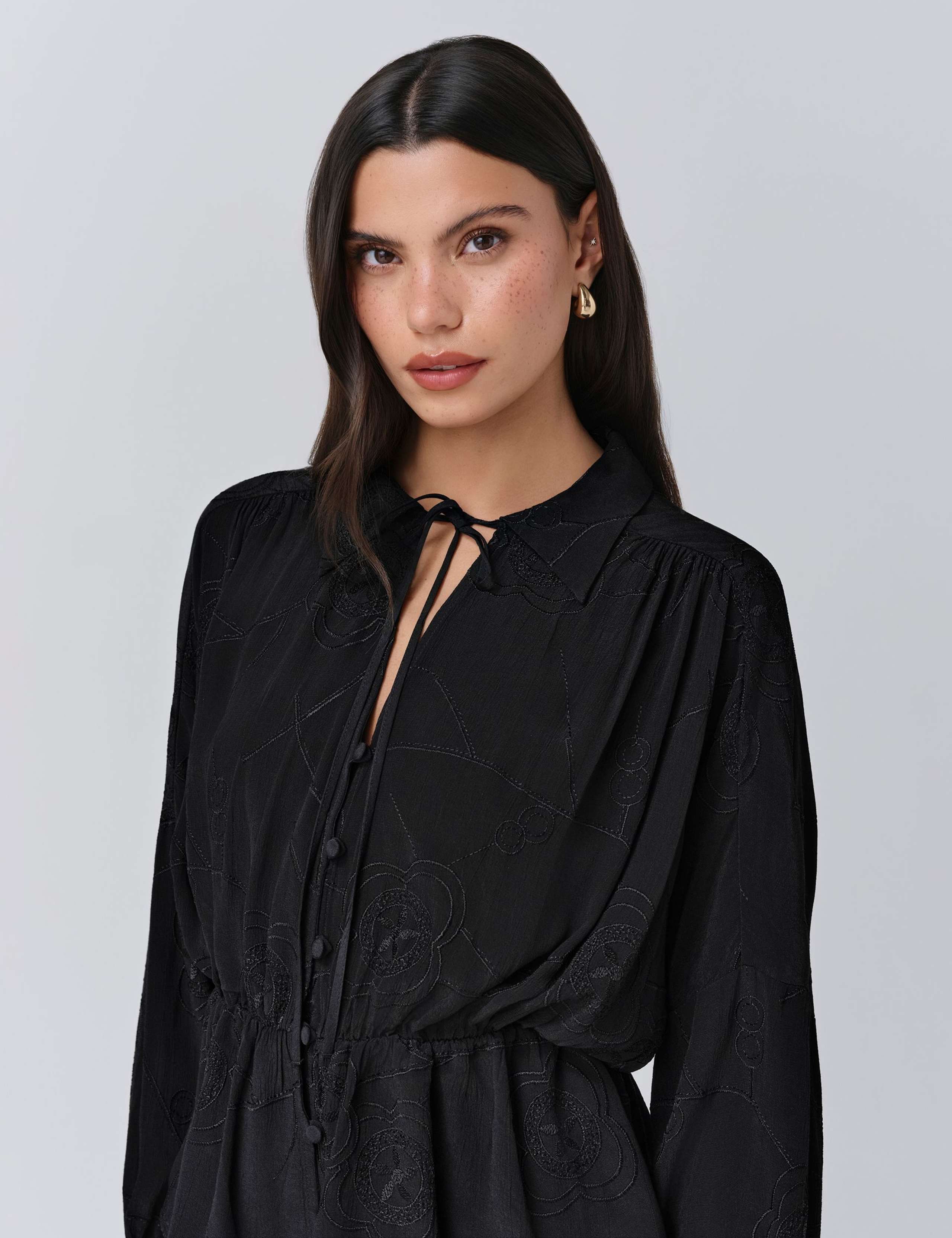 Crepe Embroidered Tie Neck Blouson Sleeve Blouse 5 of 5