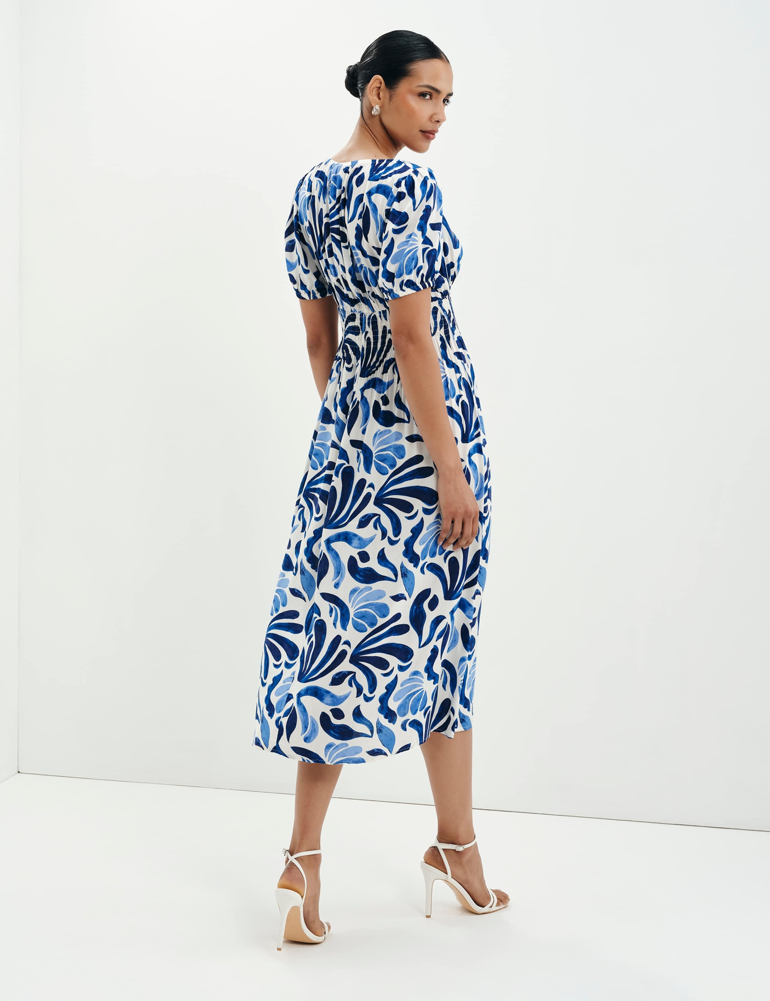 Palm Print V-Neck Midi Waisted Dress 4 of 5