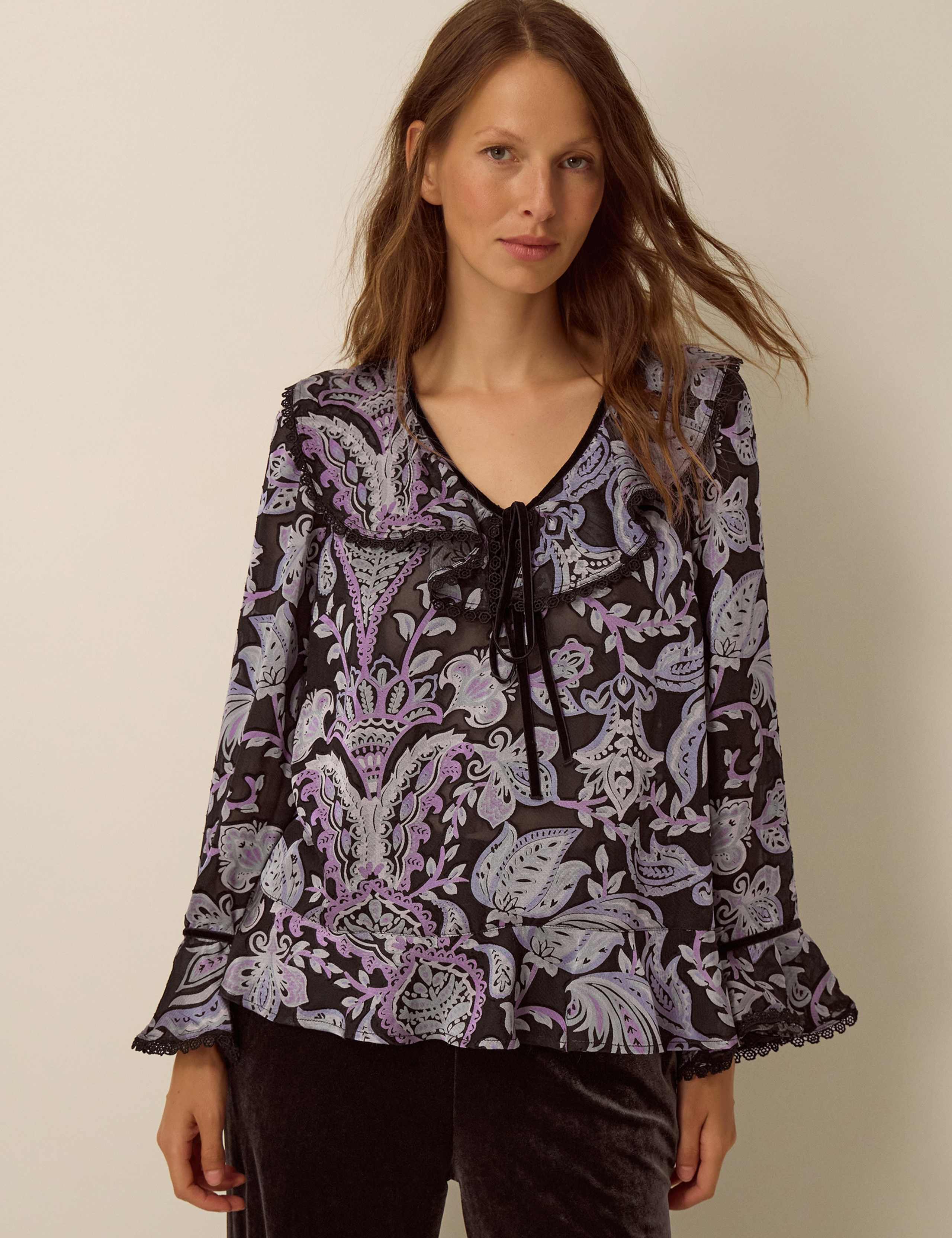 Printed Long Sleeve V Neck Blouse 3 of 5