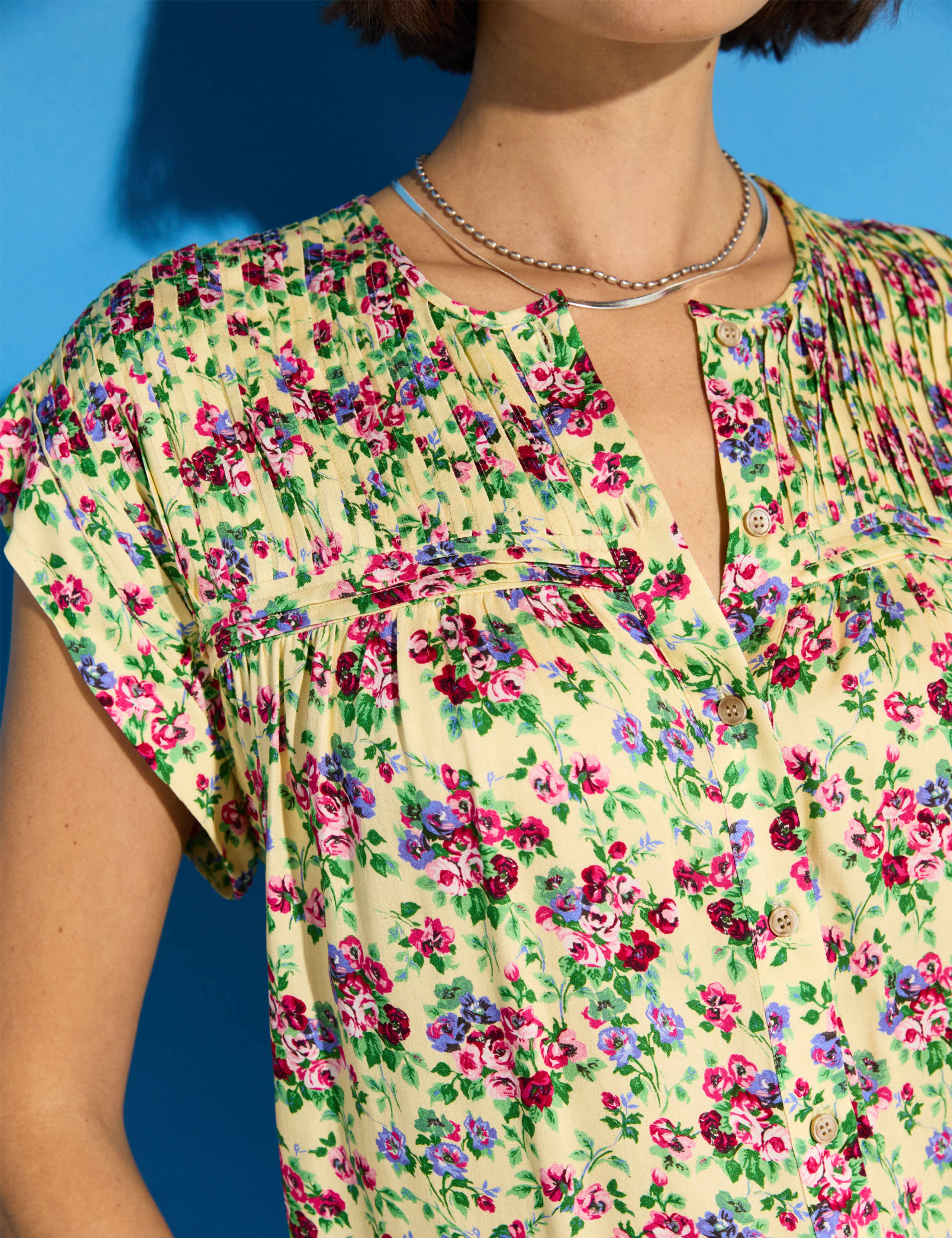 Satin Floral Pintuck Cap Sleeve Blouse 4 of 5
