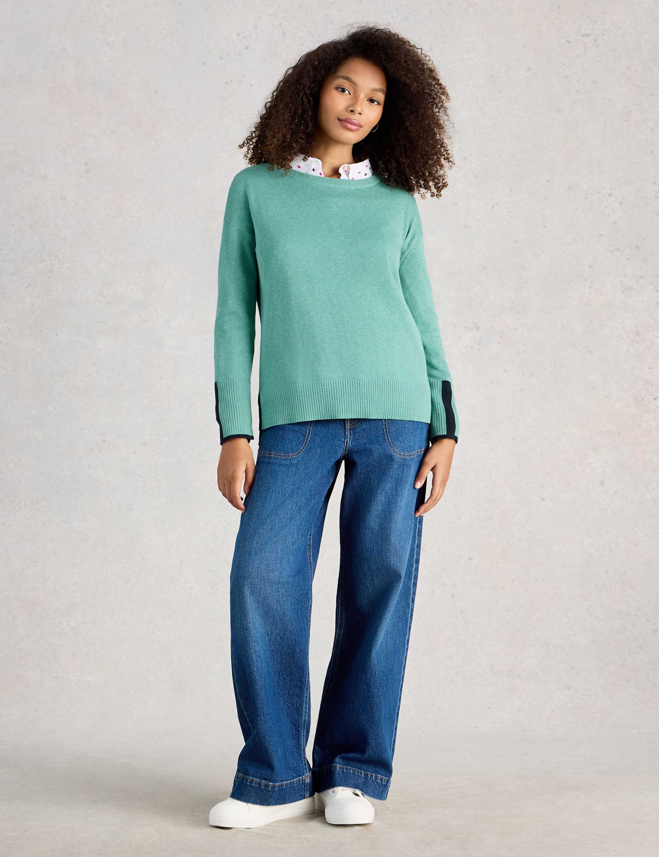 Cotton Rich Crew Neck Stepped Hem Jumper 1 of 6
