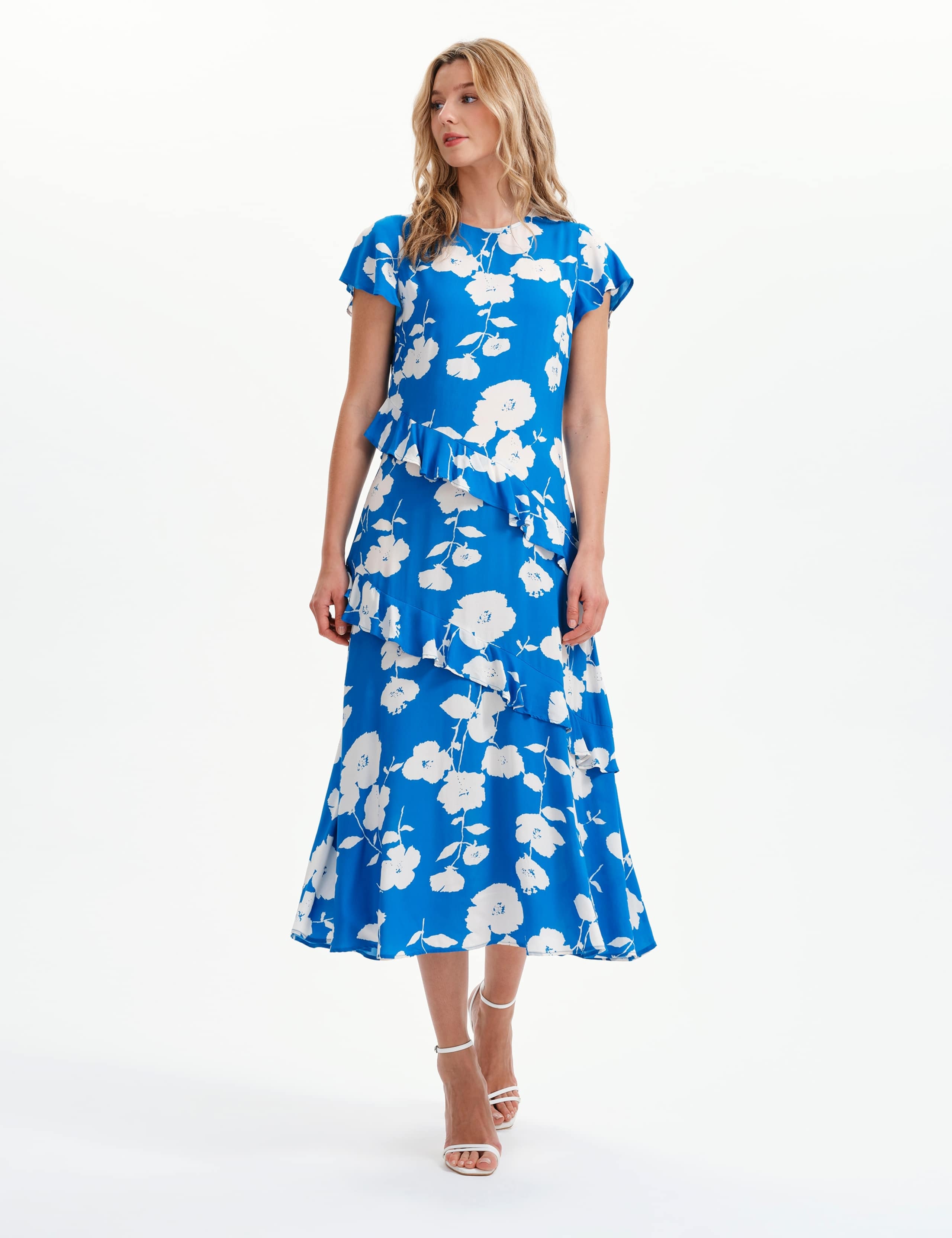 Floral Round Neck Ruffle Midi Waisted Dress 4 of 9