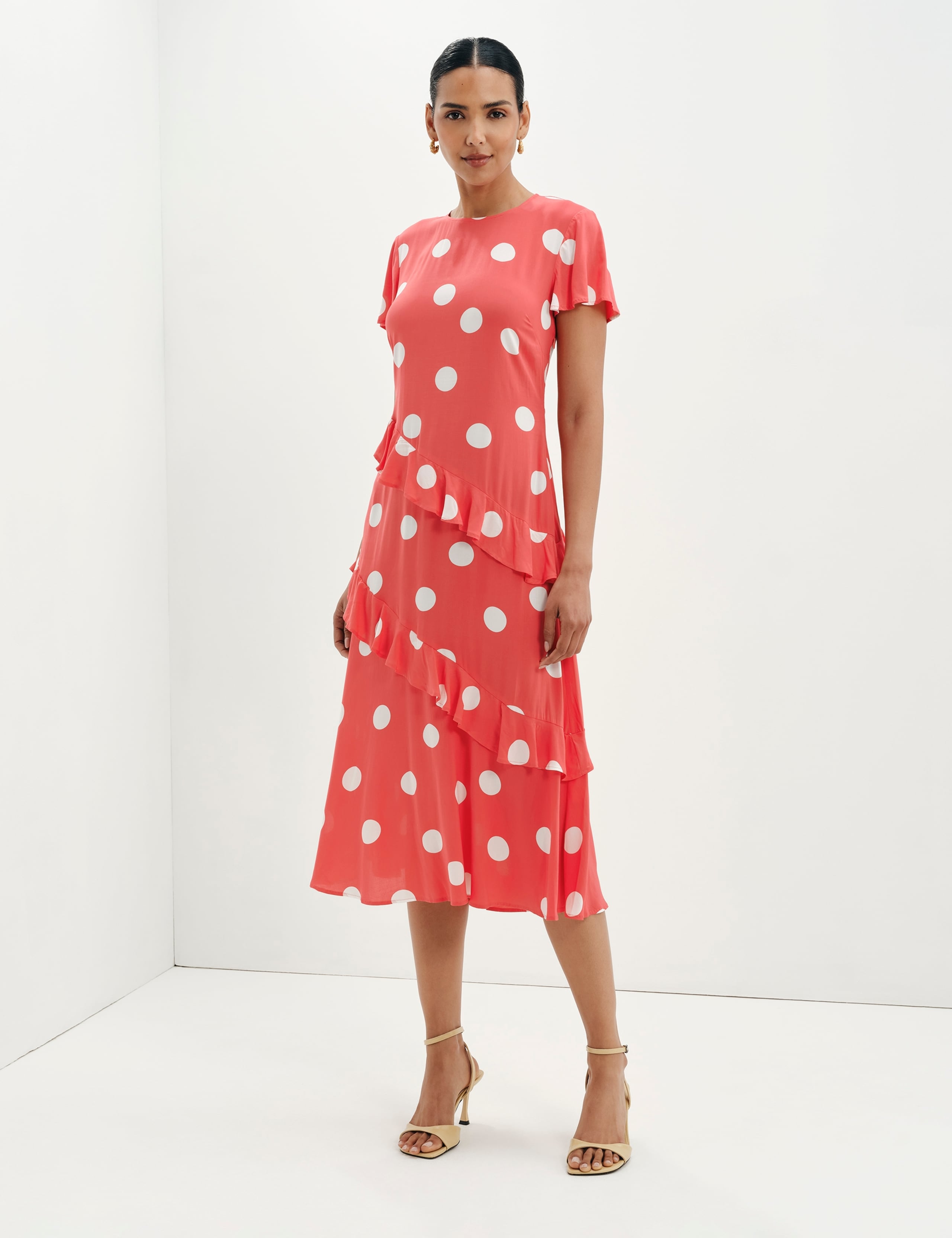 Spot Print Asymmetric Ruffle Midi Waisted Dress 1 of 8