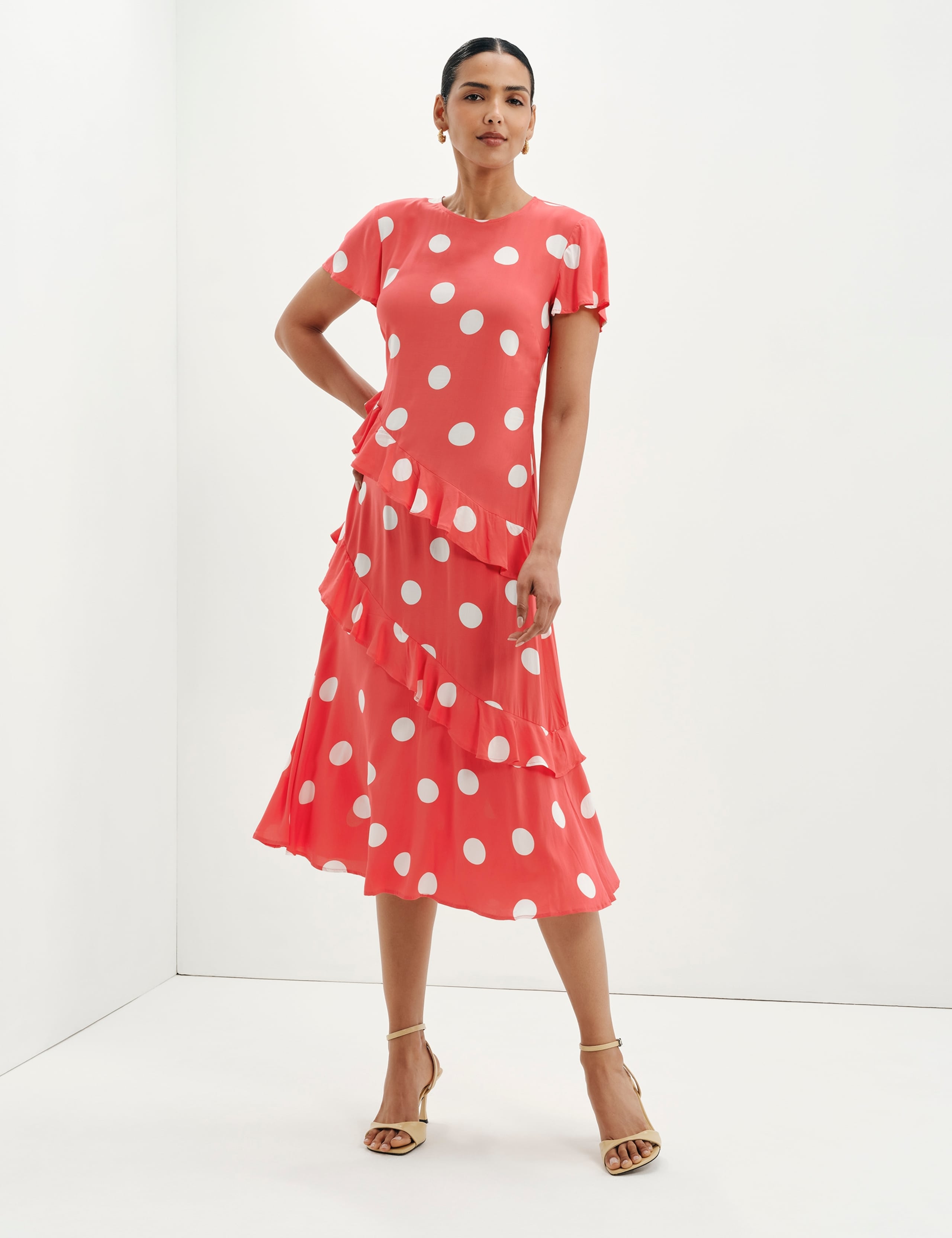 Spot Print Asymmetric Ruffle Midi Waisted Dress 2 of 8