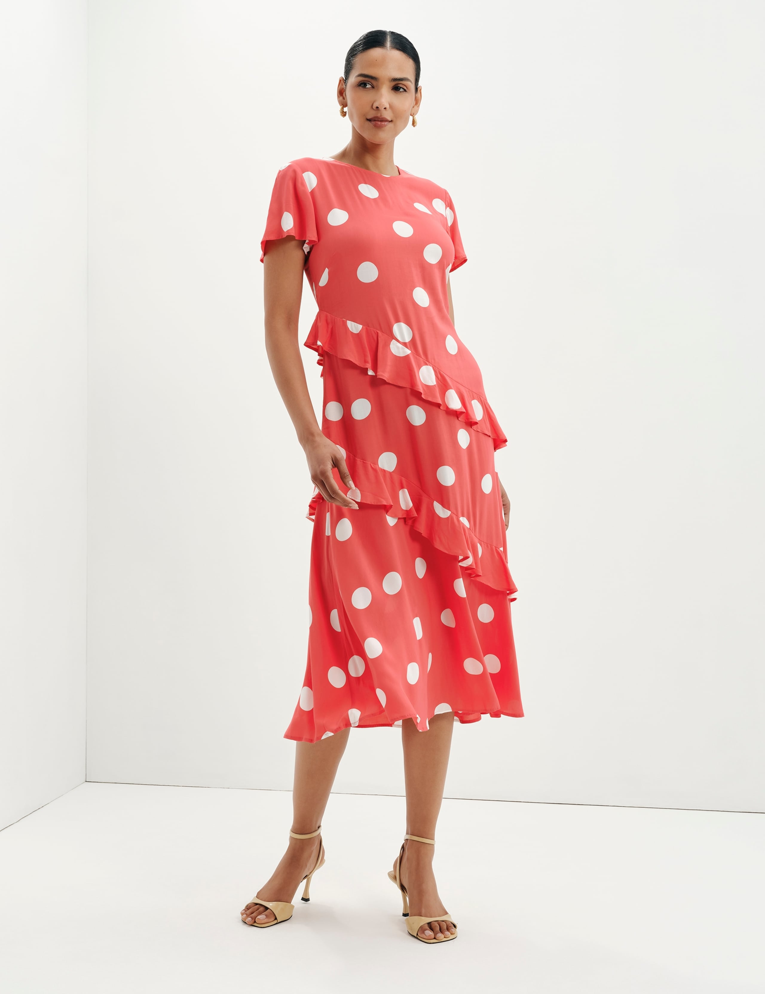 Spot Print Asymmetric Ruffle Midi Waisted Dress 3 of 8