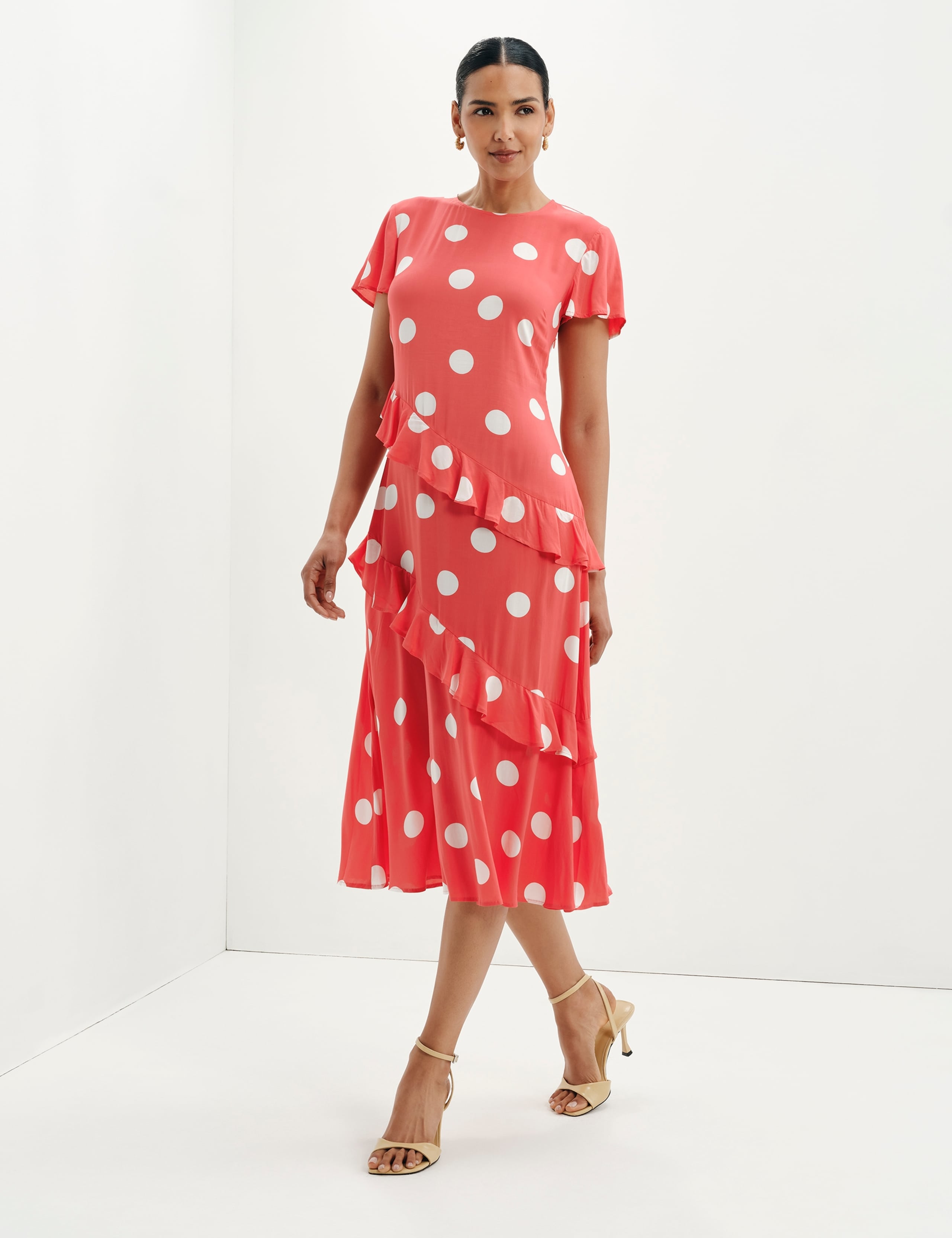 Spot Print Asymmetric Ruffle Midi Waisted Dress 4 of 8