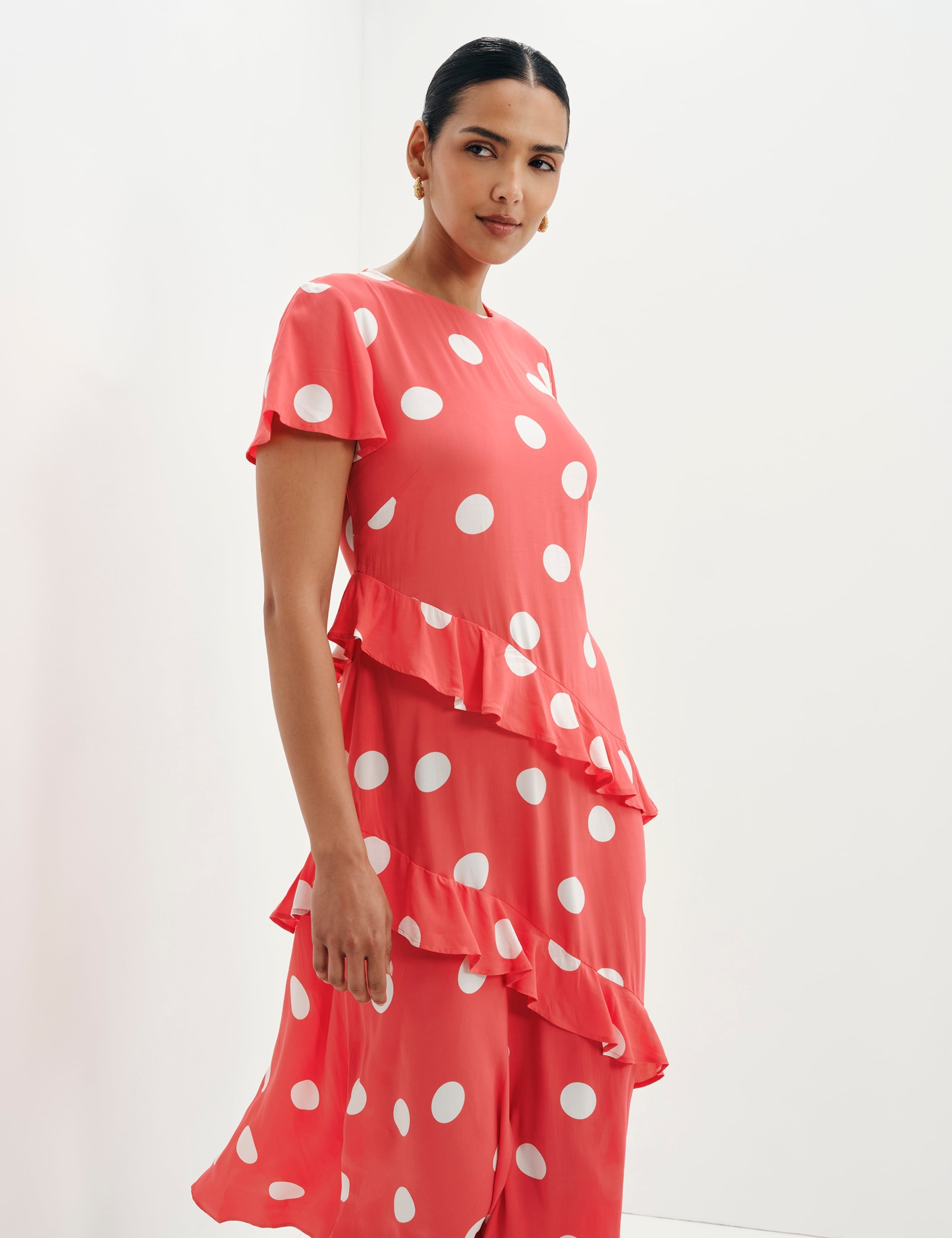 Spot Print Asymmetric Ruffle Midi Waisted Dress 5 of 8