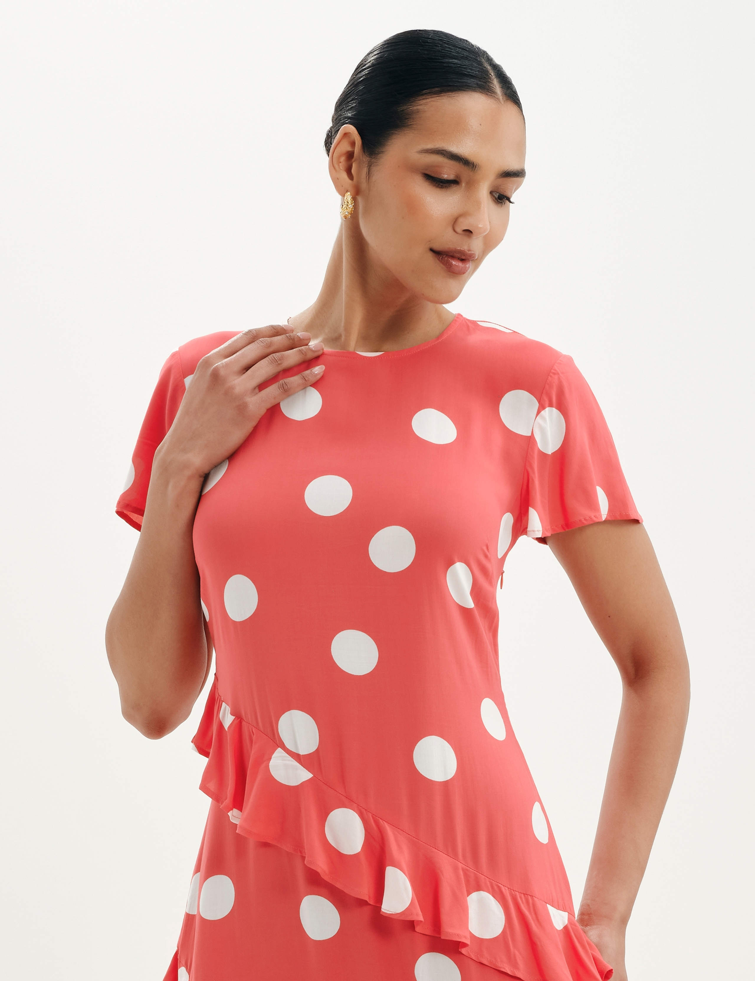 Spot Print Asymmetric Ruffle Midi Waisted Dress 6 of 8