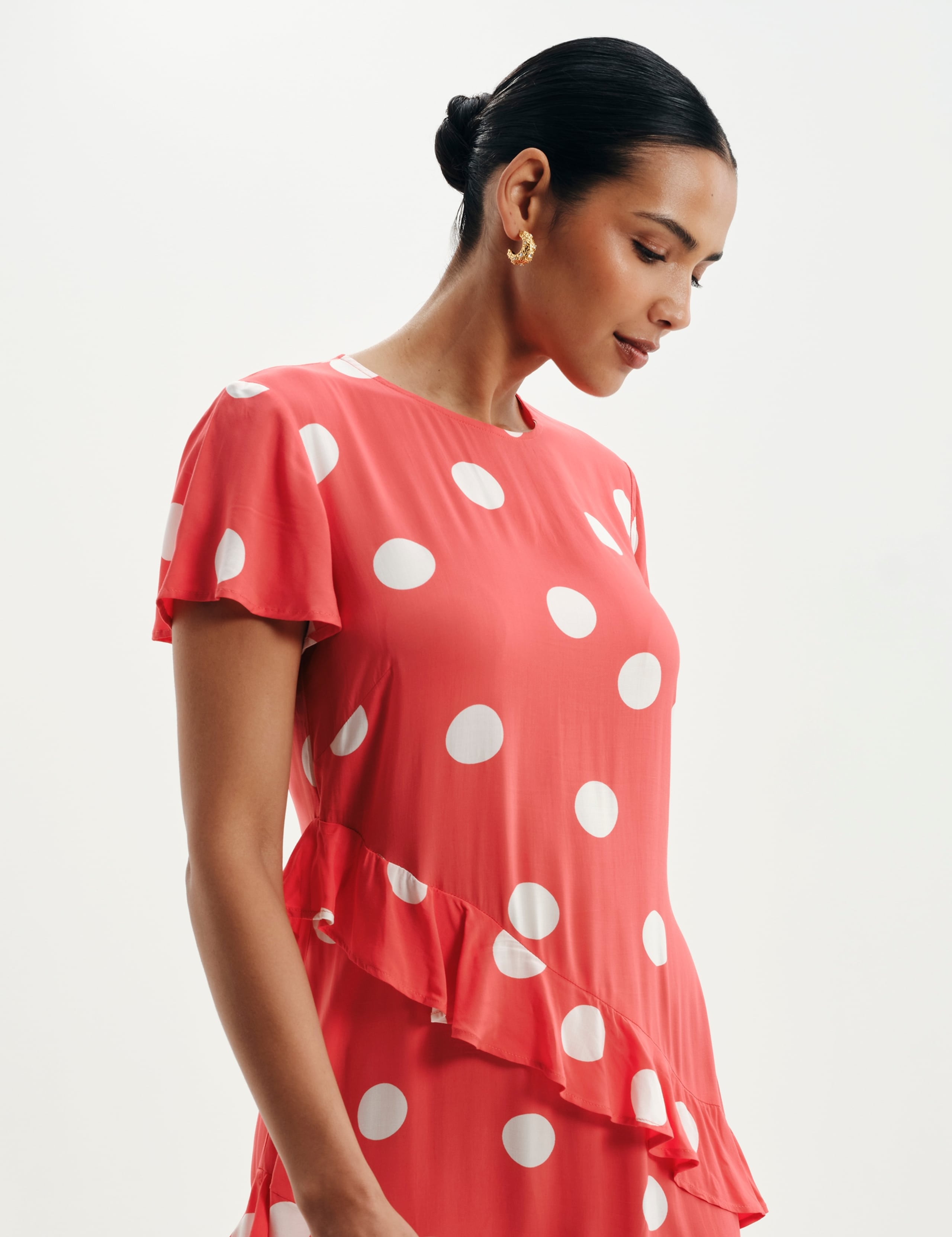 Spot Print Asymmetric Ruffle Midi Waisted Dress 7 of 8