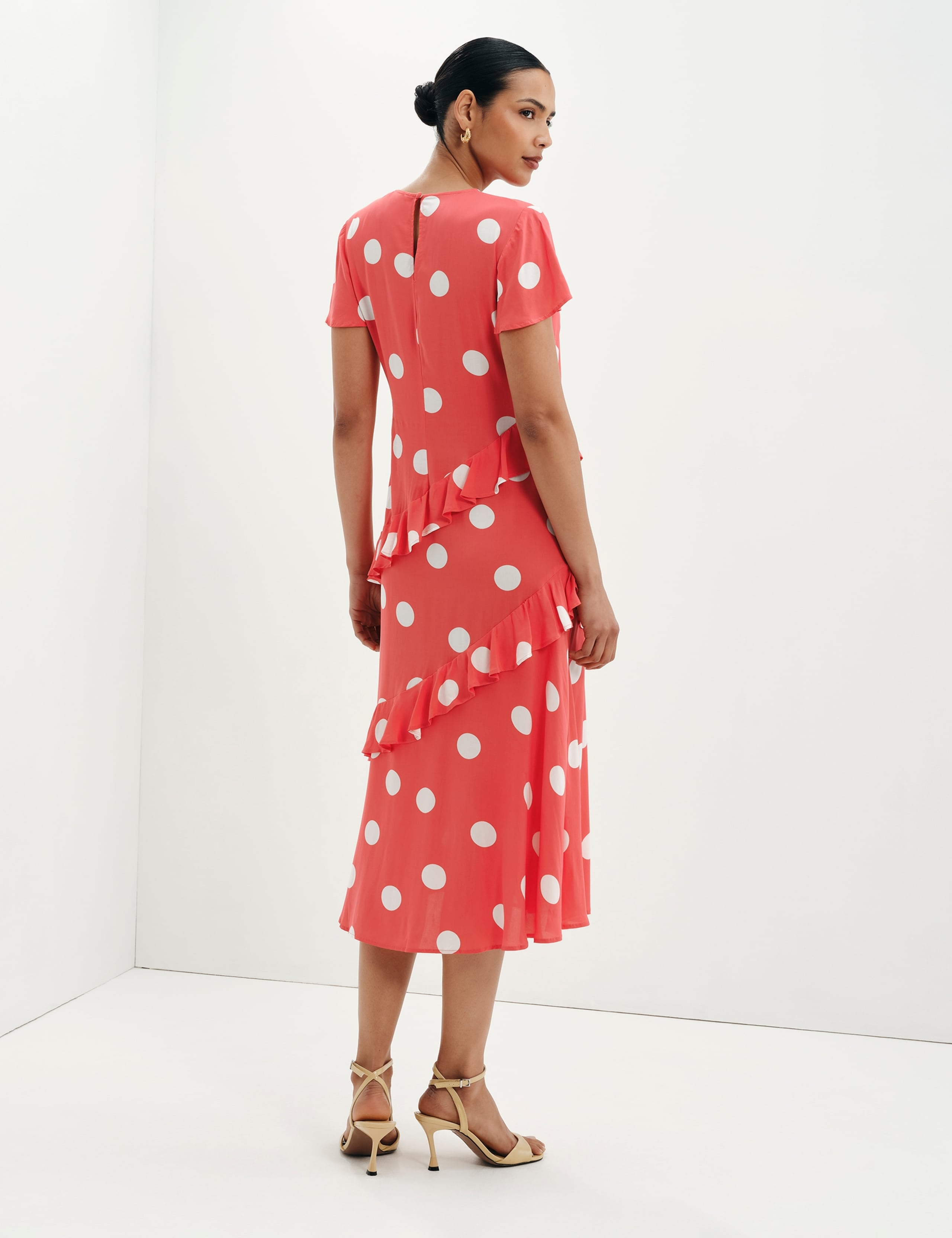 Spot Print Asymmetric Ruffle Midi Waisted Dress 8 of 8
