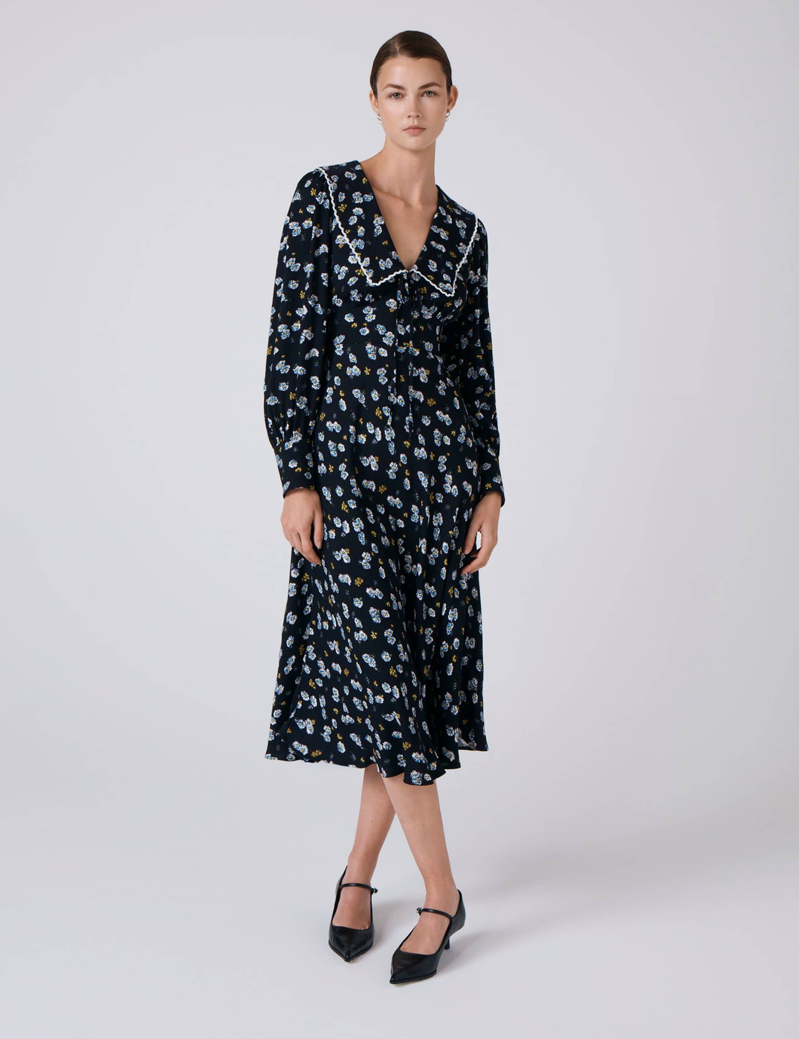 Crepe Floral Collared Midi Skater Dress 1 of 4