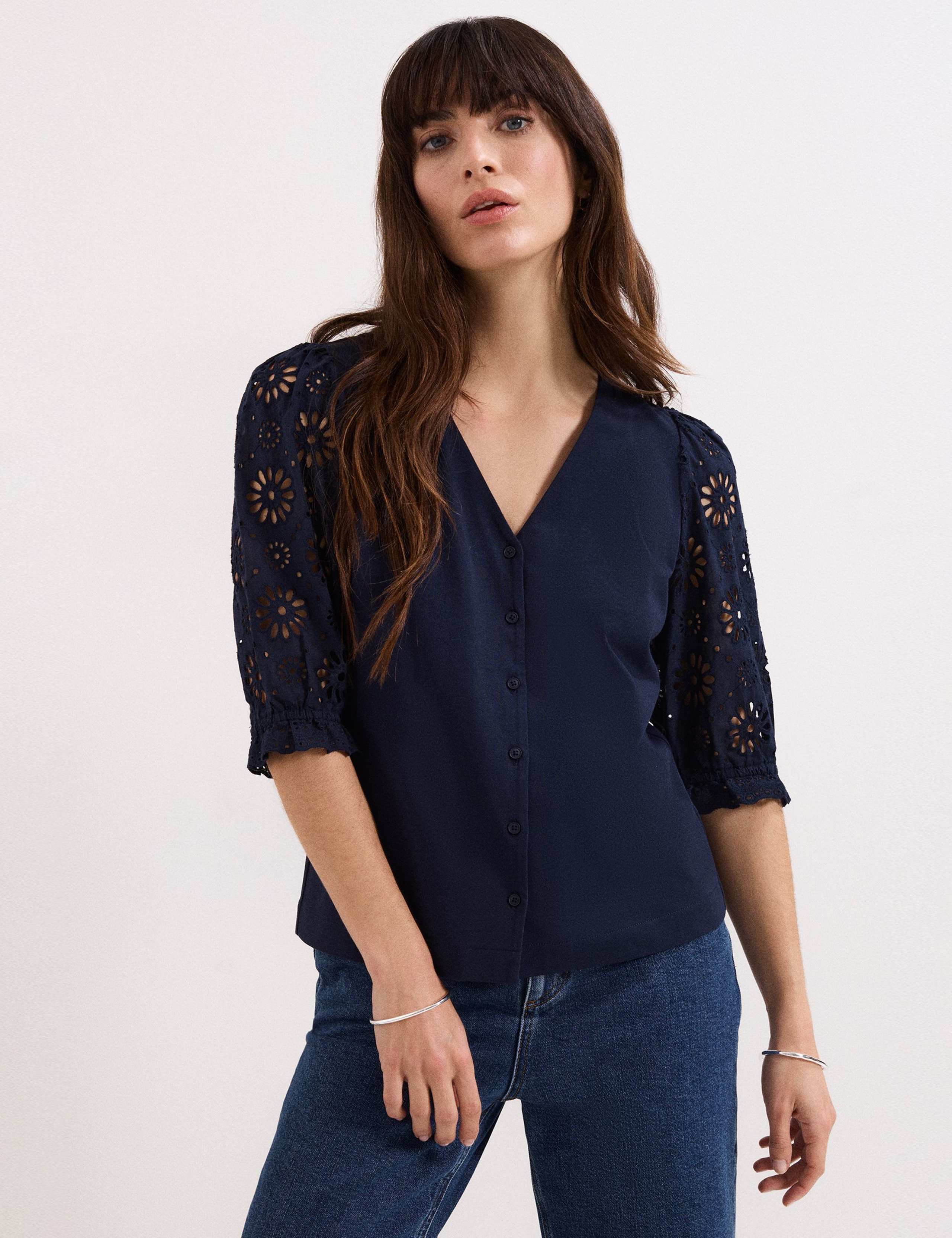 Pure Cotton Broderie V-Neck Top 1 of 4