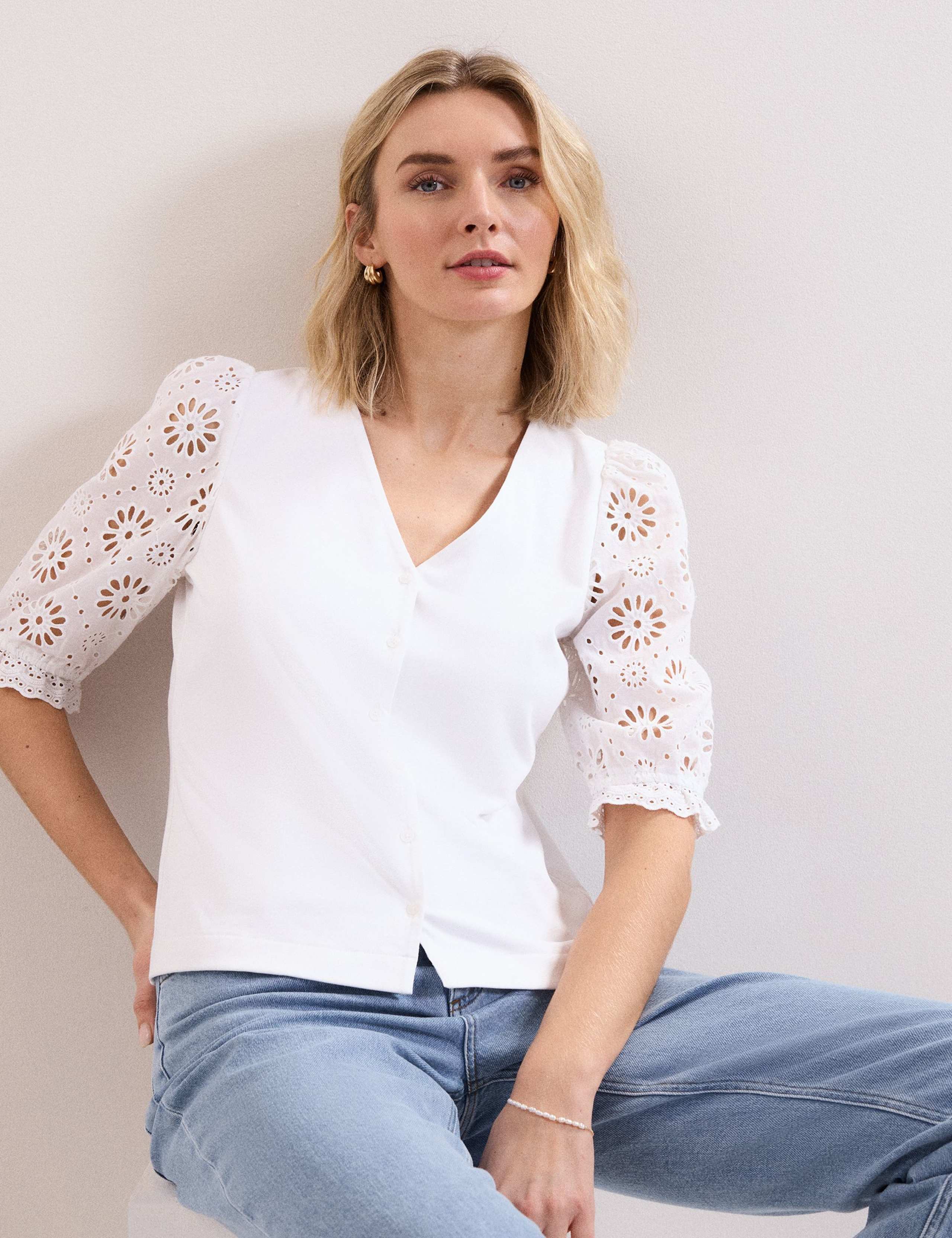 Pure Cotton Broderie V-Neck Top 3 of 6