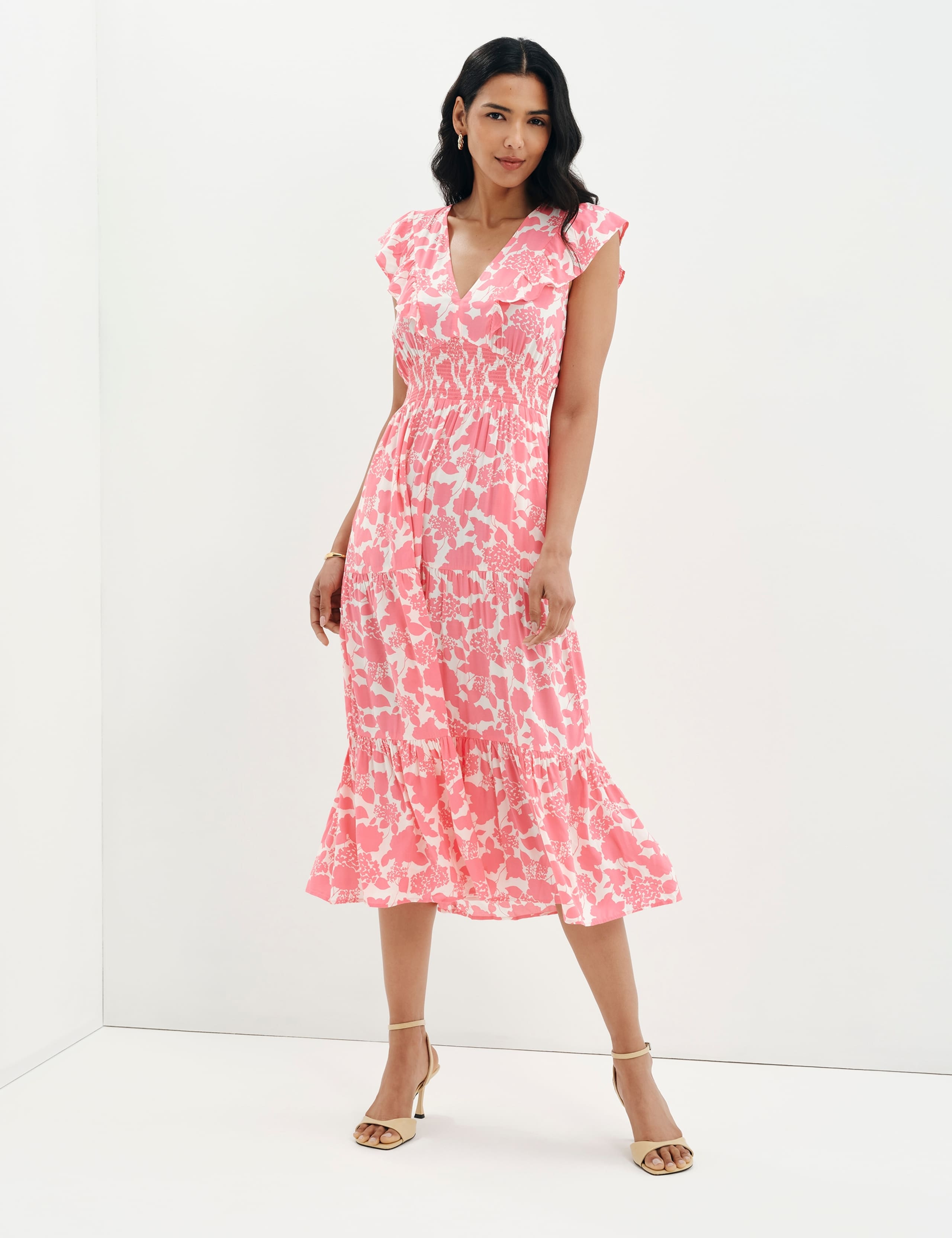 Voile Printed V-Neck Midi Tiered Dress 2 of 11