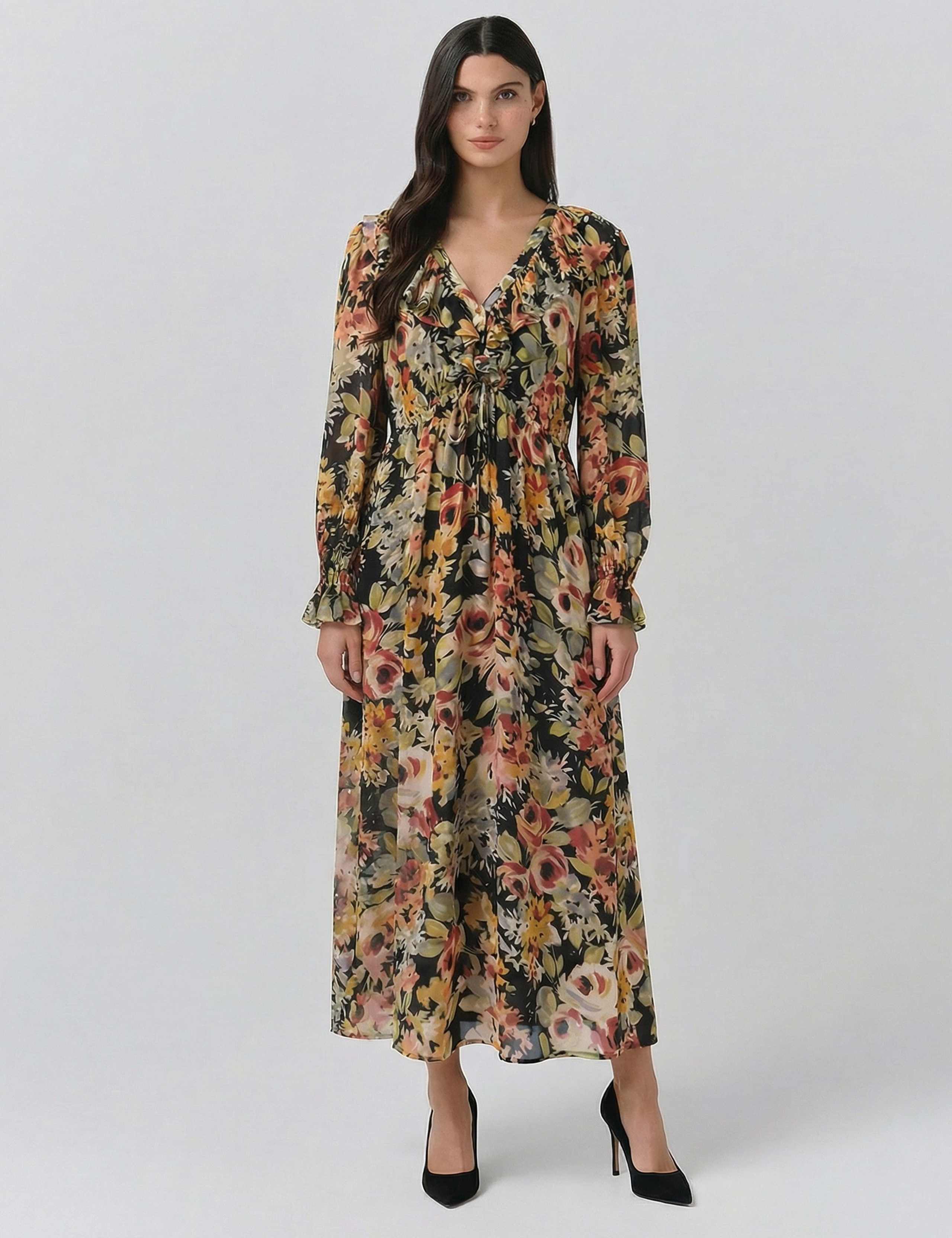 Crepe Floral V-Neck Midi Tea Dress 1 of 4