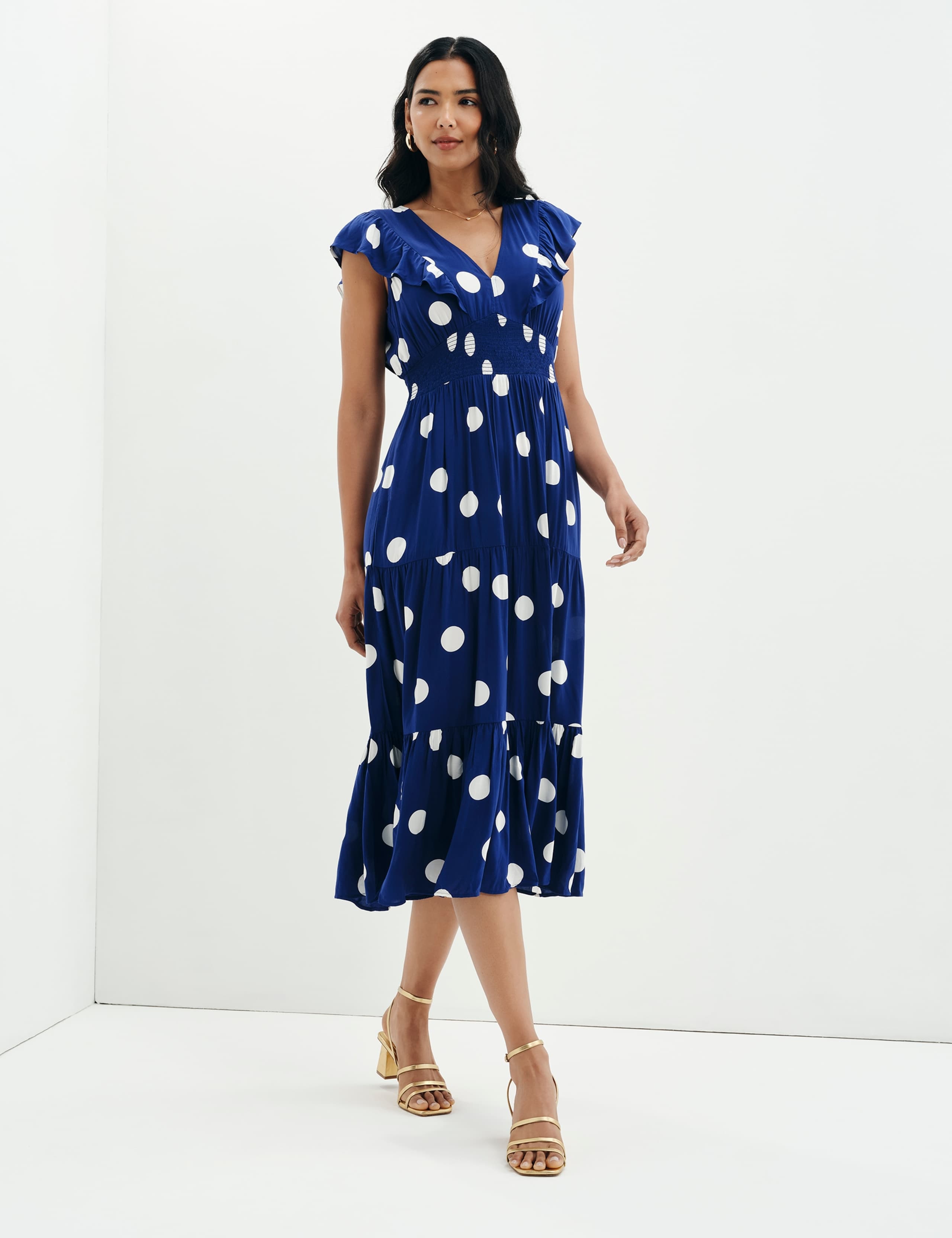 Voile Spot Print V-Neck Midi Tiered Dress 2 of 11