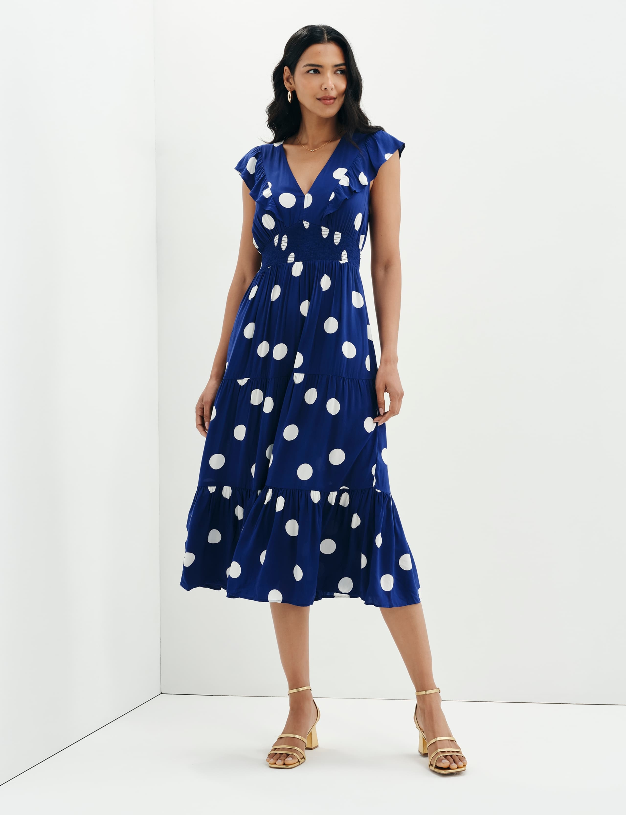 Voile Spot Print V-Neck Midi Tiered Dress 3 of 11