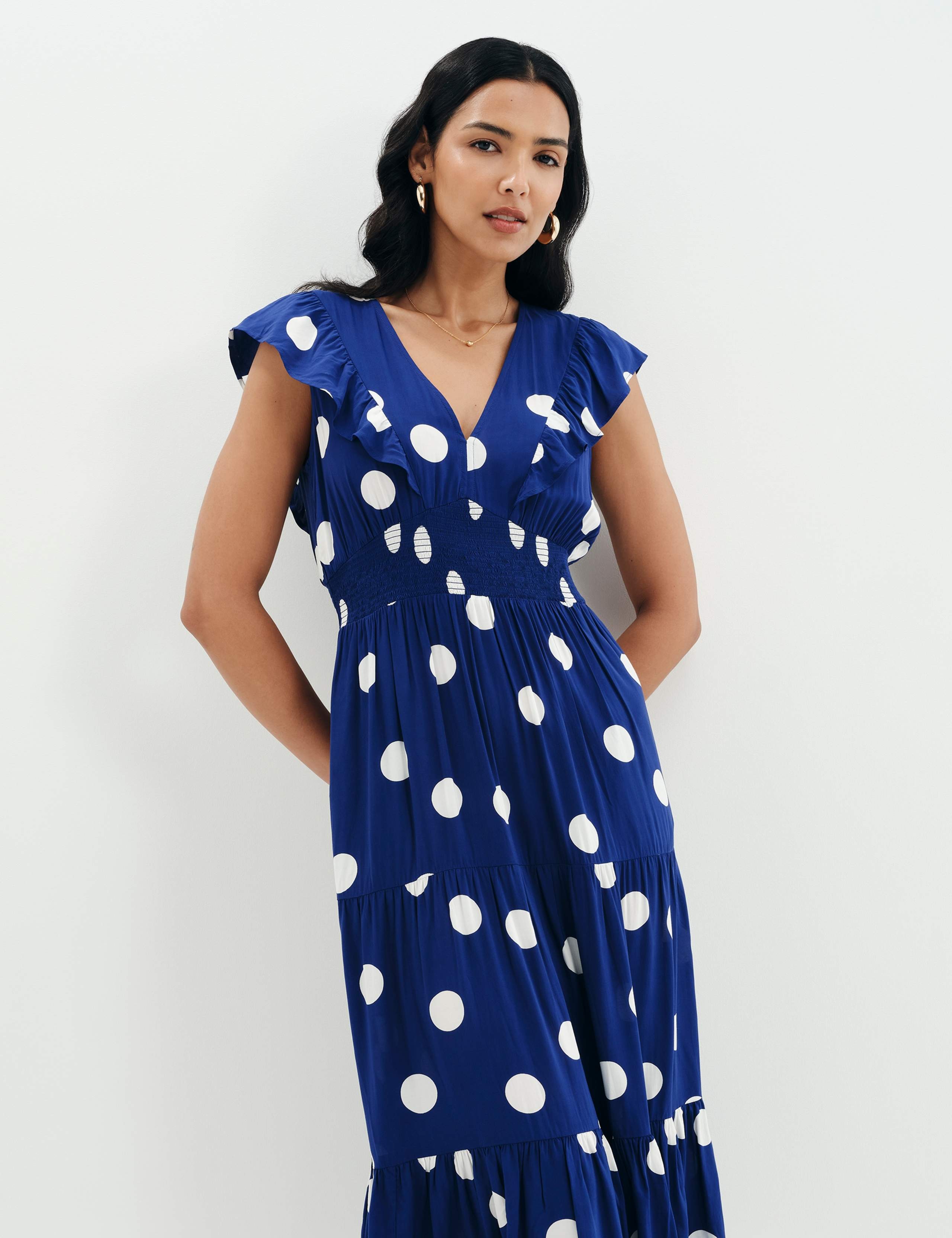 Voile Spot Print V-Neck Midi Tiered Dress 5 of 11