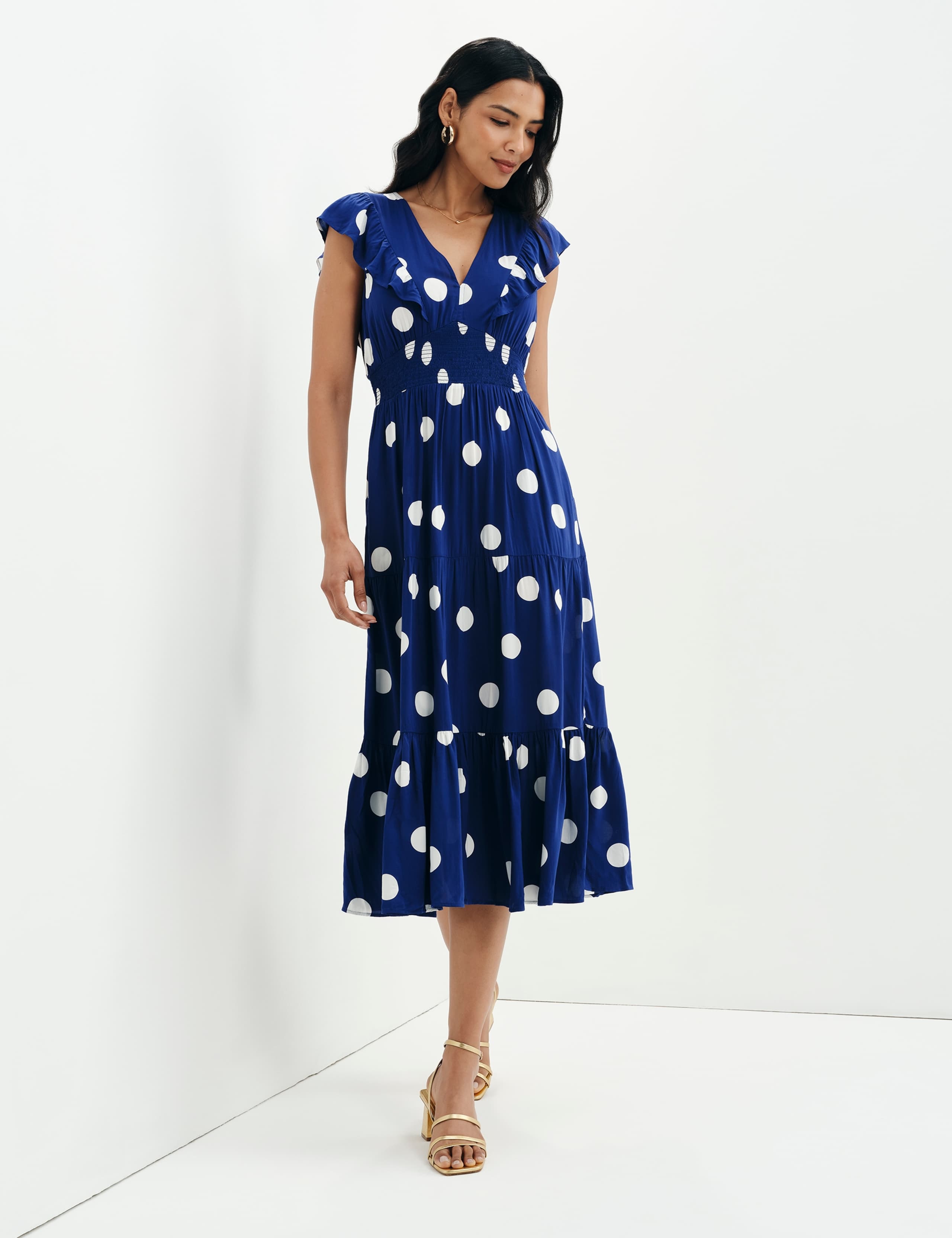Voile Spot Print V-Neck Midi Tiered Dress 6 of 11
