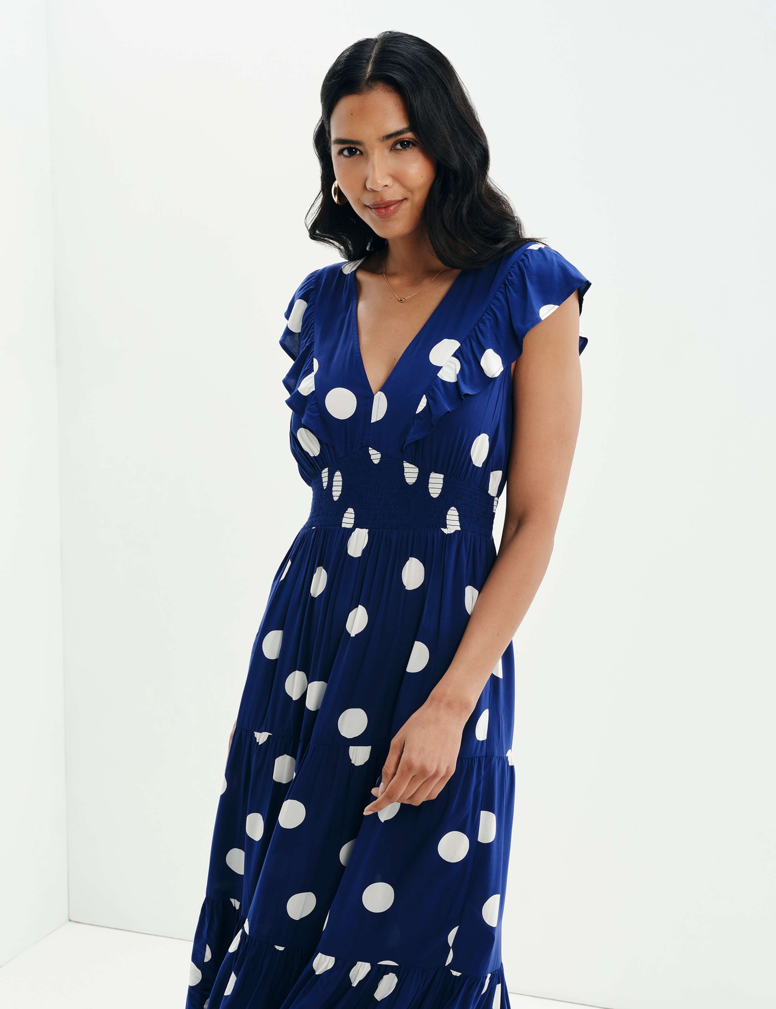 Voile Spot Print V-Neck Midi Tiered Dress 7 of 11